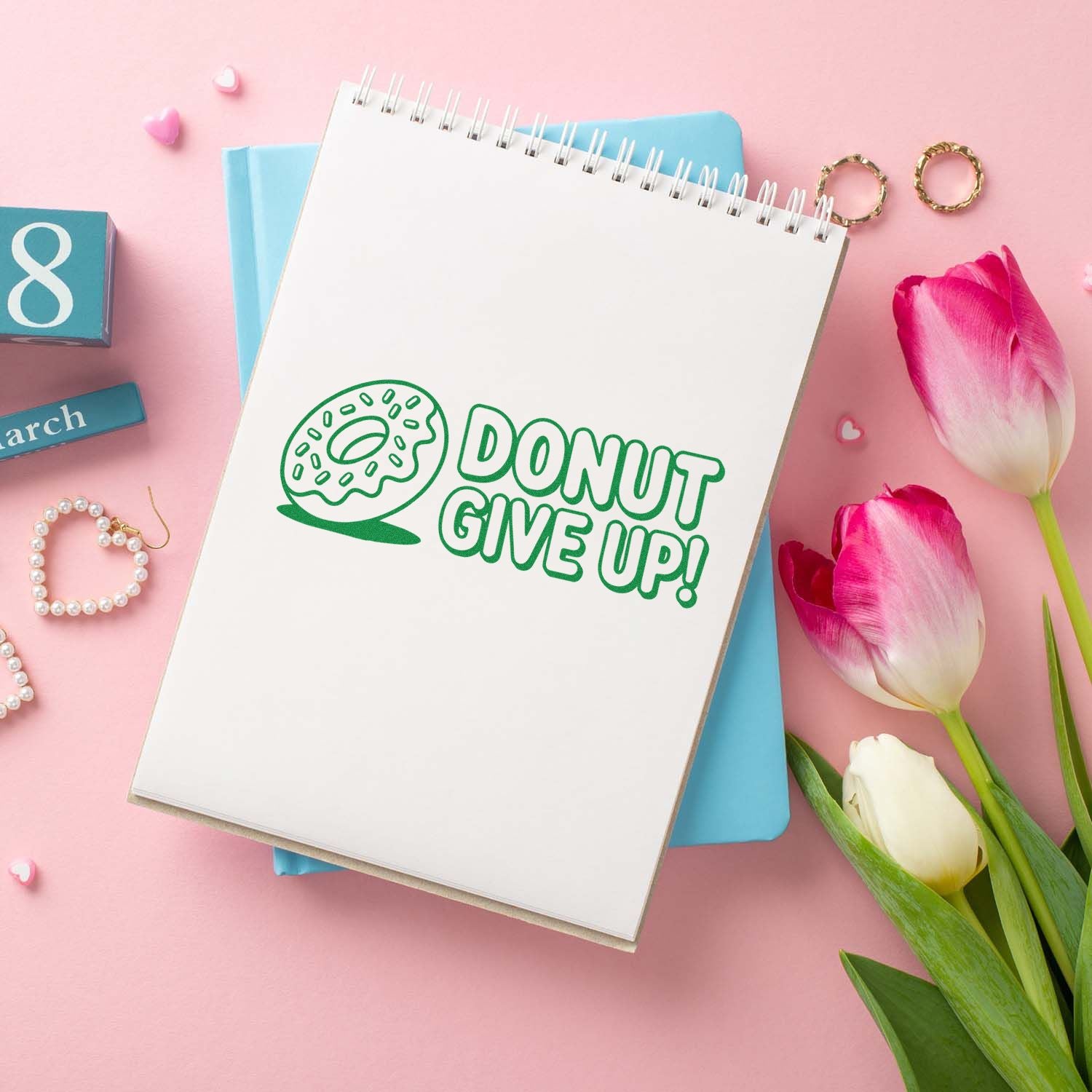 Donut Give Up rubber stamp design with donut graphic for motivational crafting, journaling, and bakery-themed projects.