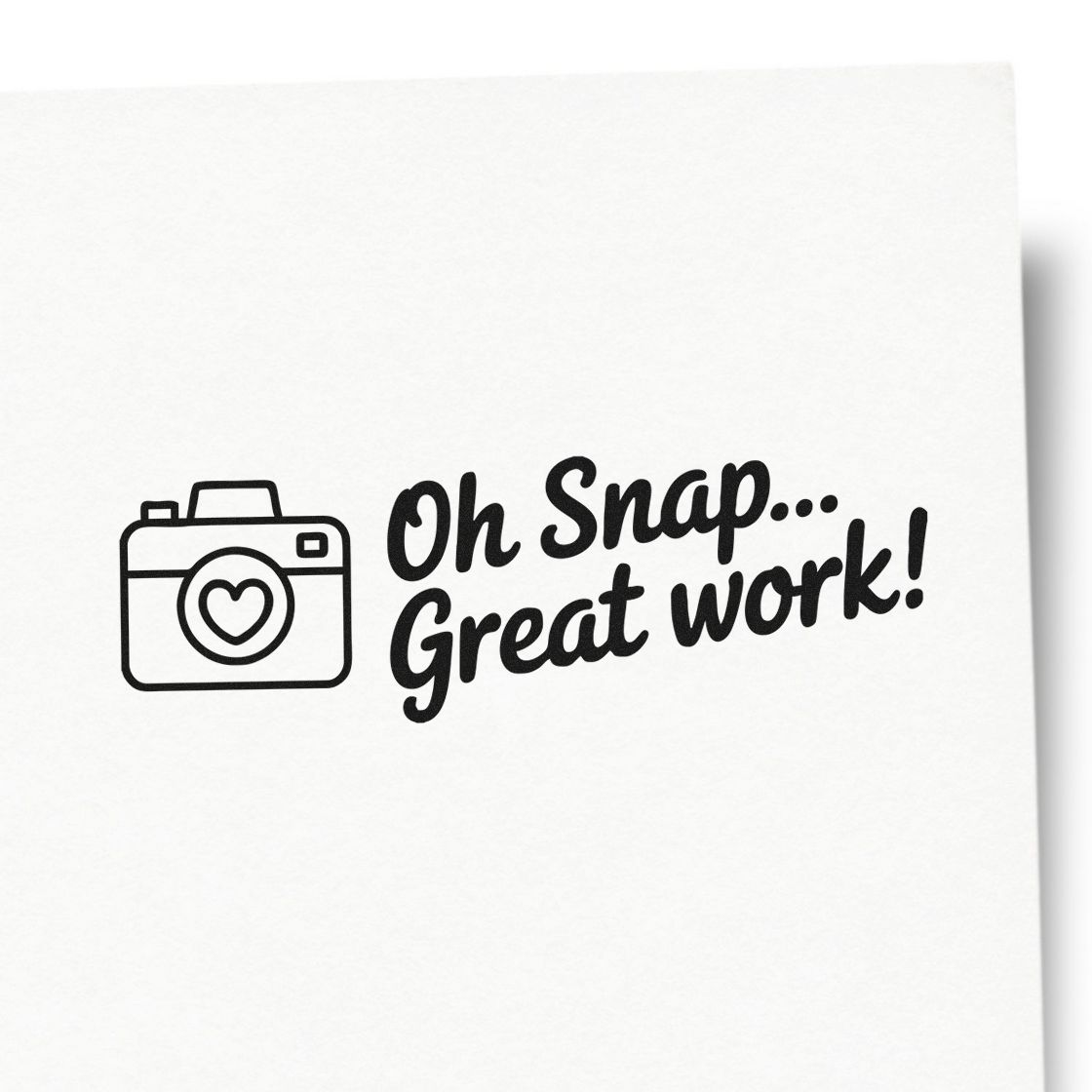 Camera rubber stamp design with Oh Snap... Great work! text and heart icon for photo-themed crafting and rewards.