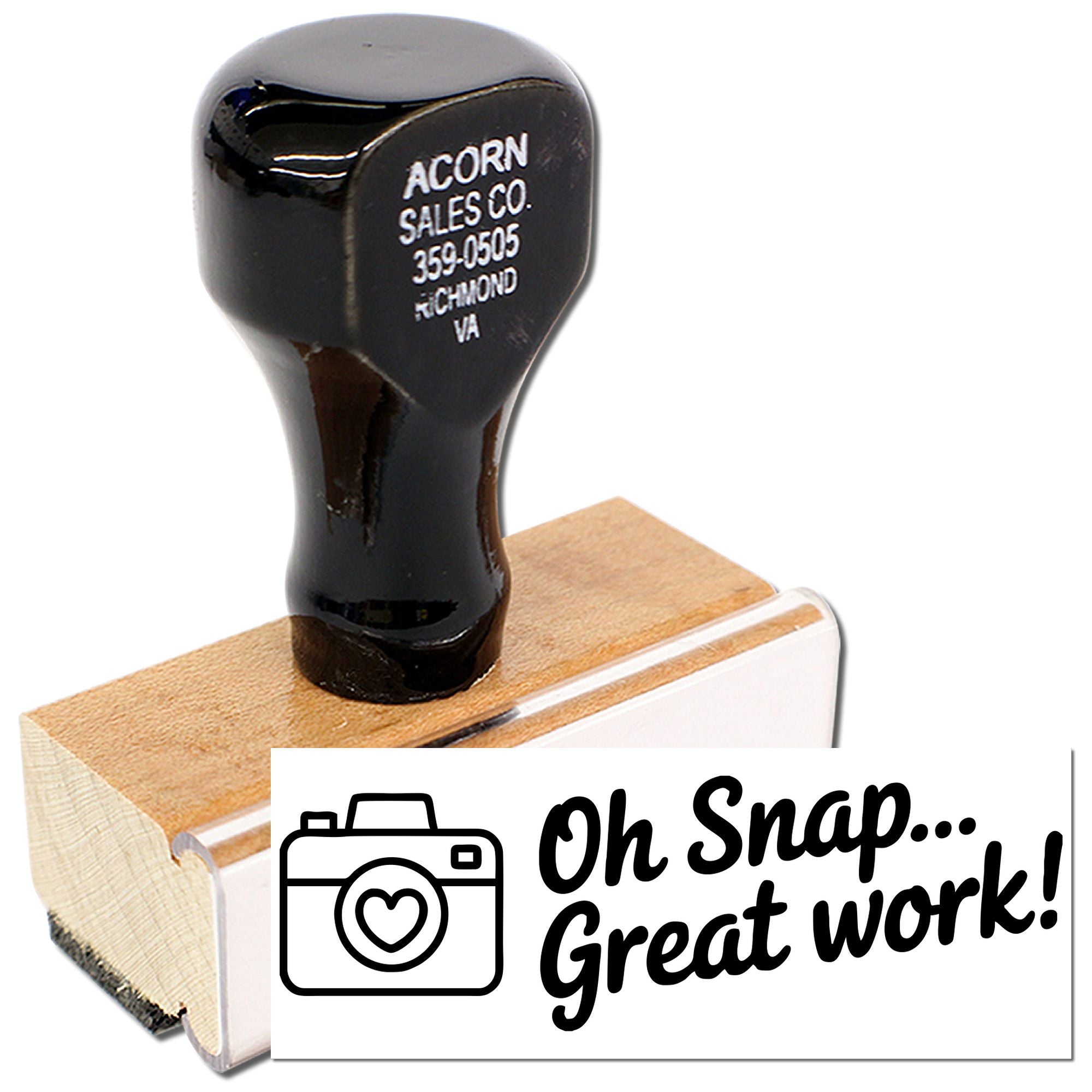 Custom rubber stamp with camera icon and Oh Snap... Great work! text for packaging, cards, and branding.