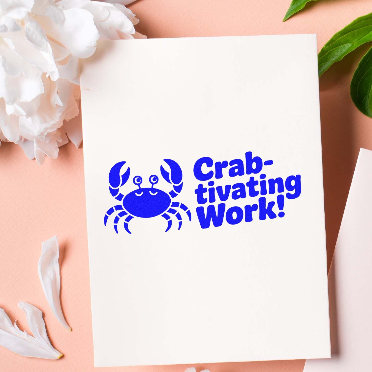 Blue crab rubber stamp design with Crab-tivating Work! text for fun custom stationery, crafts, and office use.