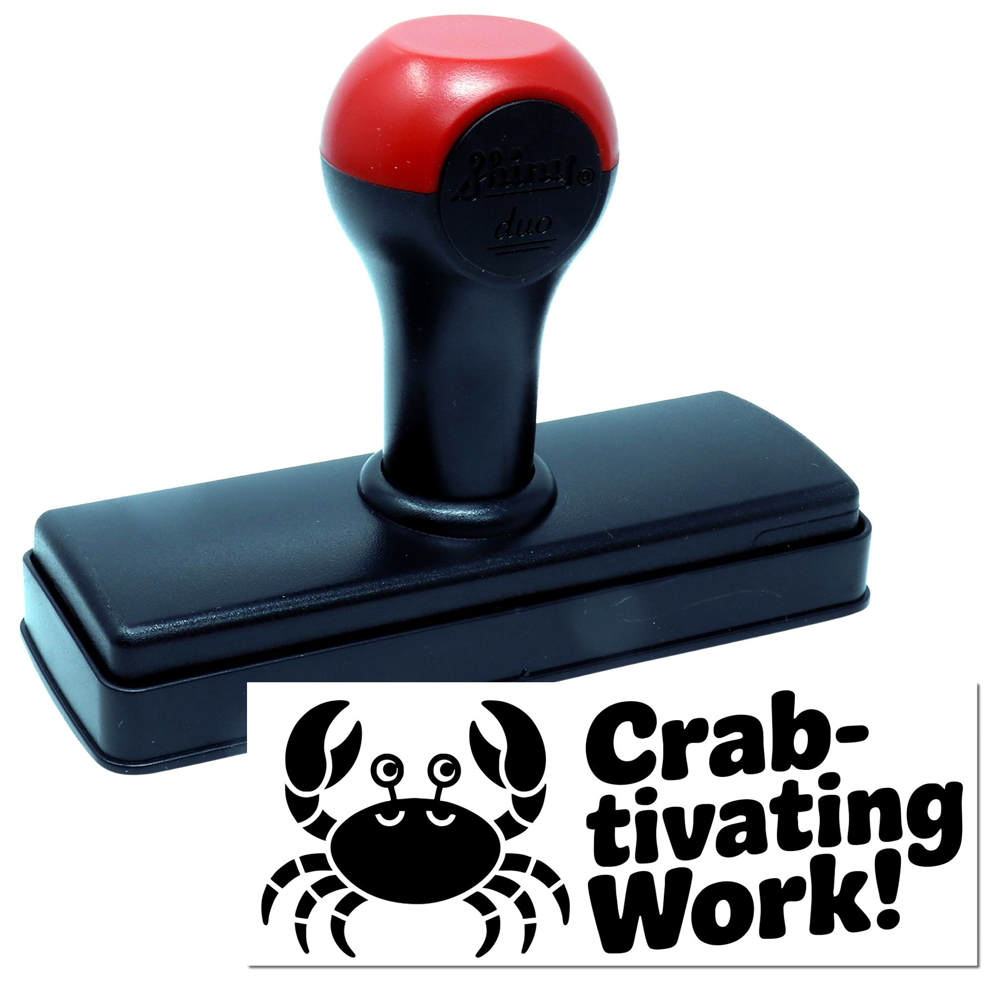 Custom crab self-inking rubber stamp with Crab-tivating Work! message for teachers, offices, and fun reward marking.