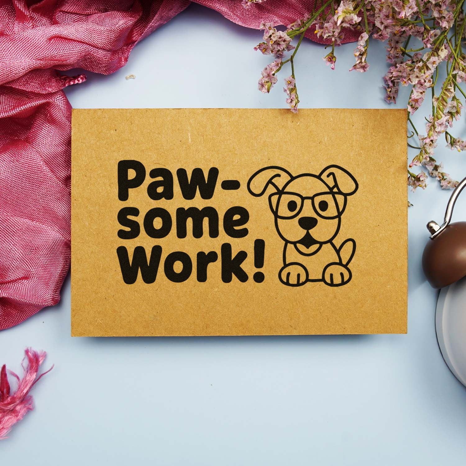 Paw-some Work! dog rubber stamp on kraft paper, ideal for teacher rewards, pet shop packaging, and handmade cards.