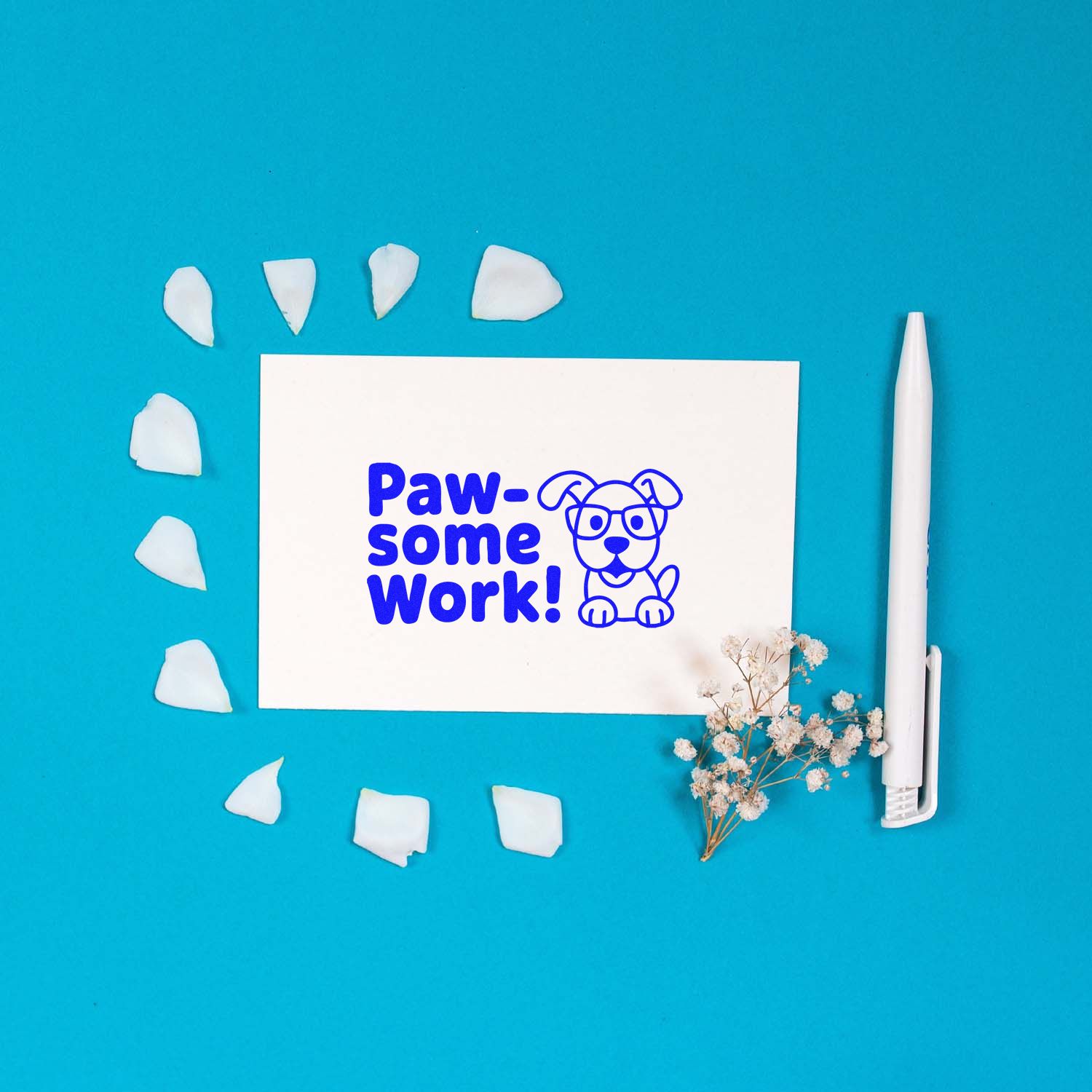 Dog-themed rubber stamp design with Paw-some Work! message for pet lovers, teachers, and reward cards