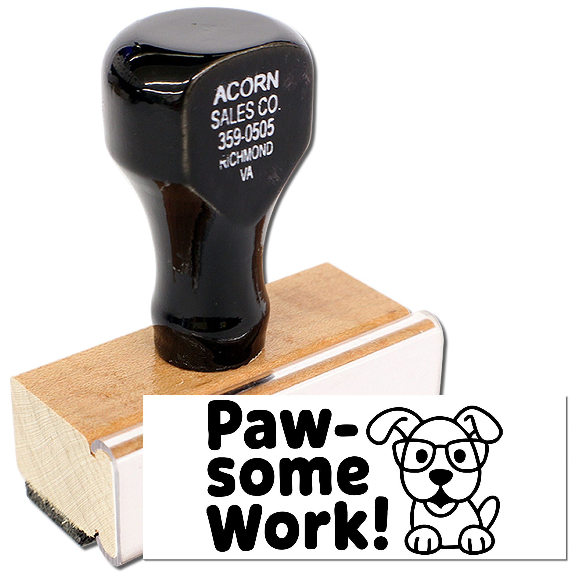 Custom rubber stamp with Paw-some Work! dog design for rewarding students, pet businesses, or office approvals.