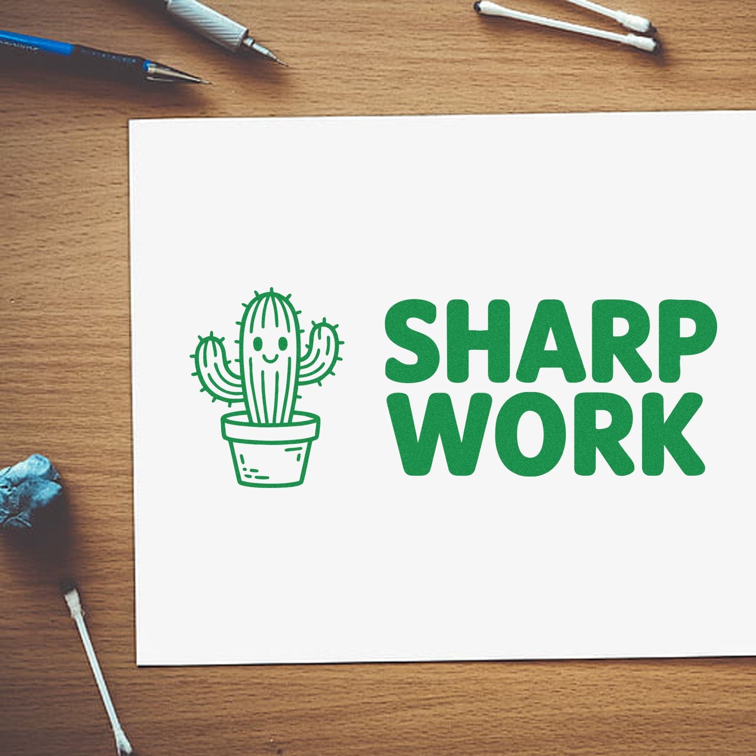 Green cactus rubber stamp design reading Sharp Work on paper for office, craft, or stationery branding.