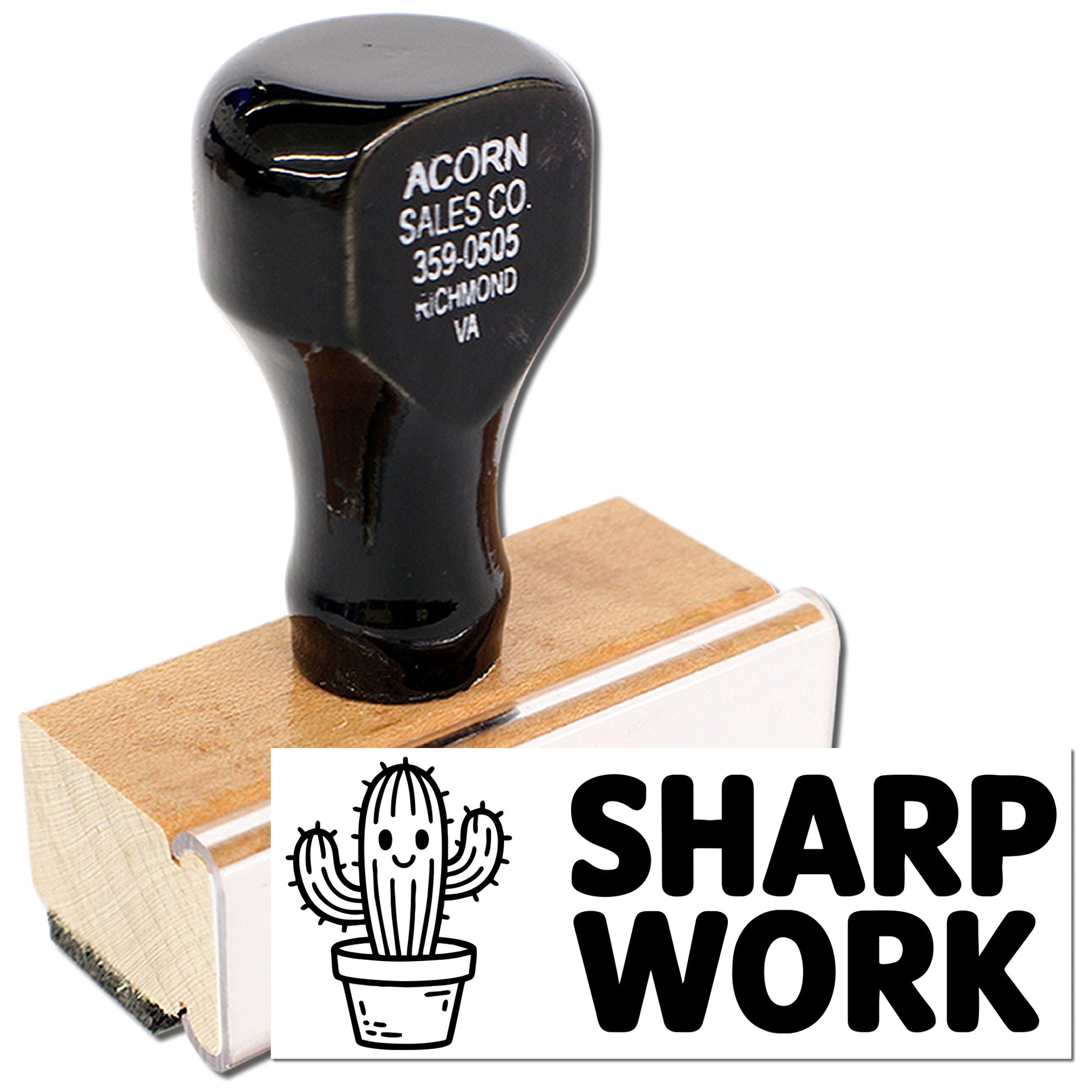 Custom Sharp Work cactus rubber stamp with wooden handle for branding, packaging, and office use.