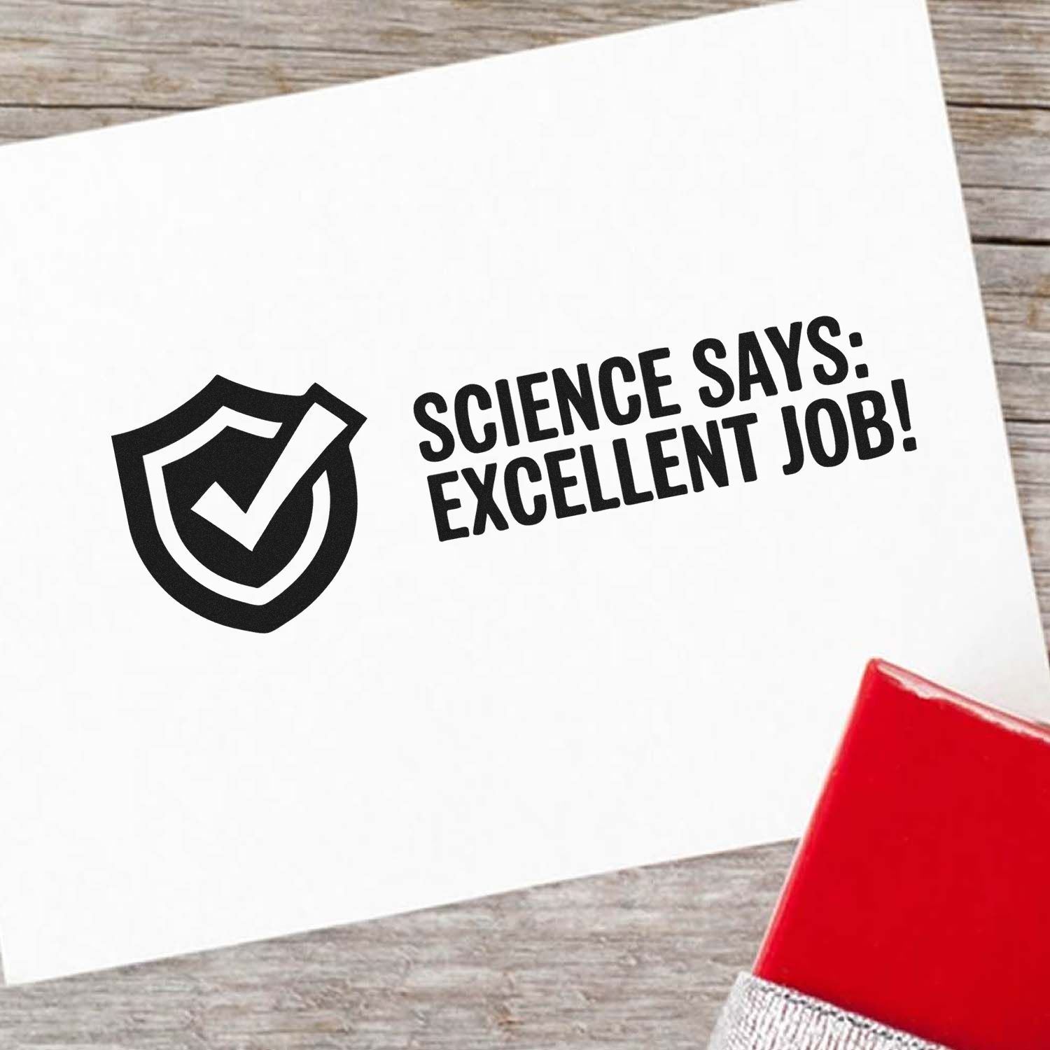 Science Says: Excellent Job rubber stamp with shield checkmark, ideal for grading and teacher feedback