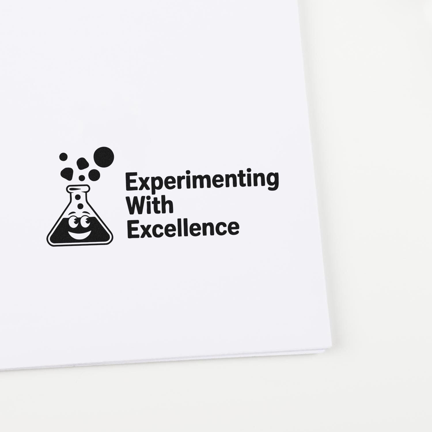 Custom rubber stamp reading Experimenting With Excellence with science flask icon for lab notebooks and classroom use