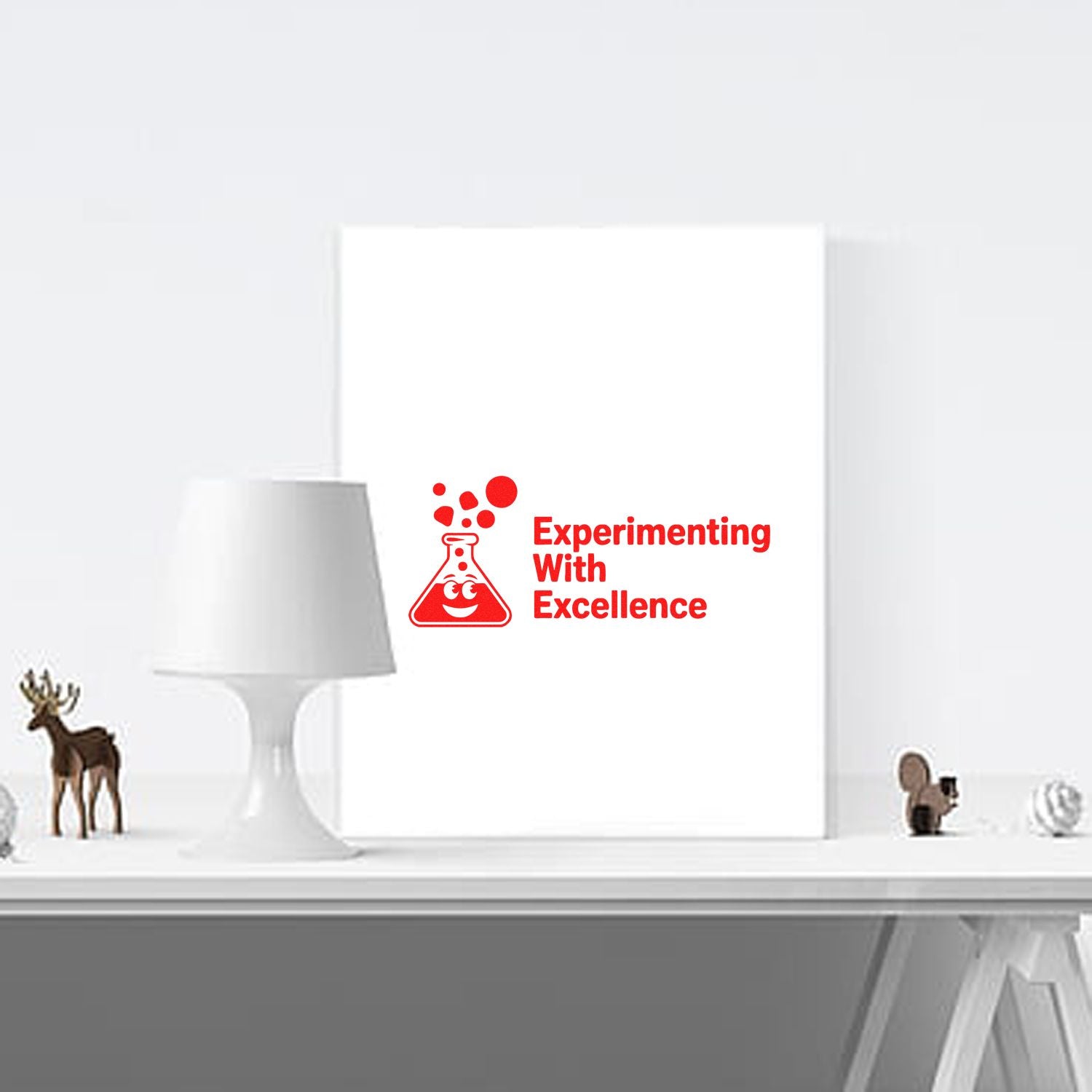 Custom rubber stamp design with red lab flask icon and text Experimenting With Excellence on a white notebook.