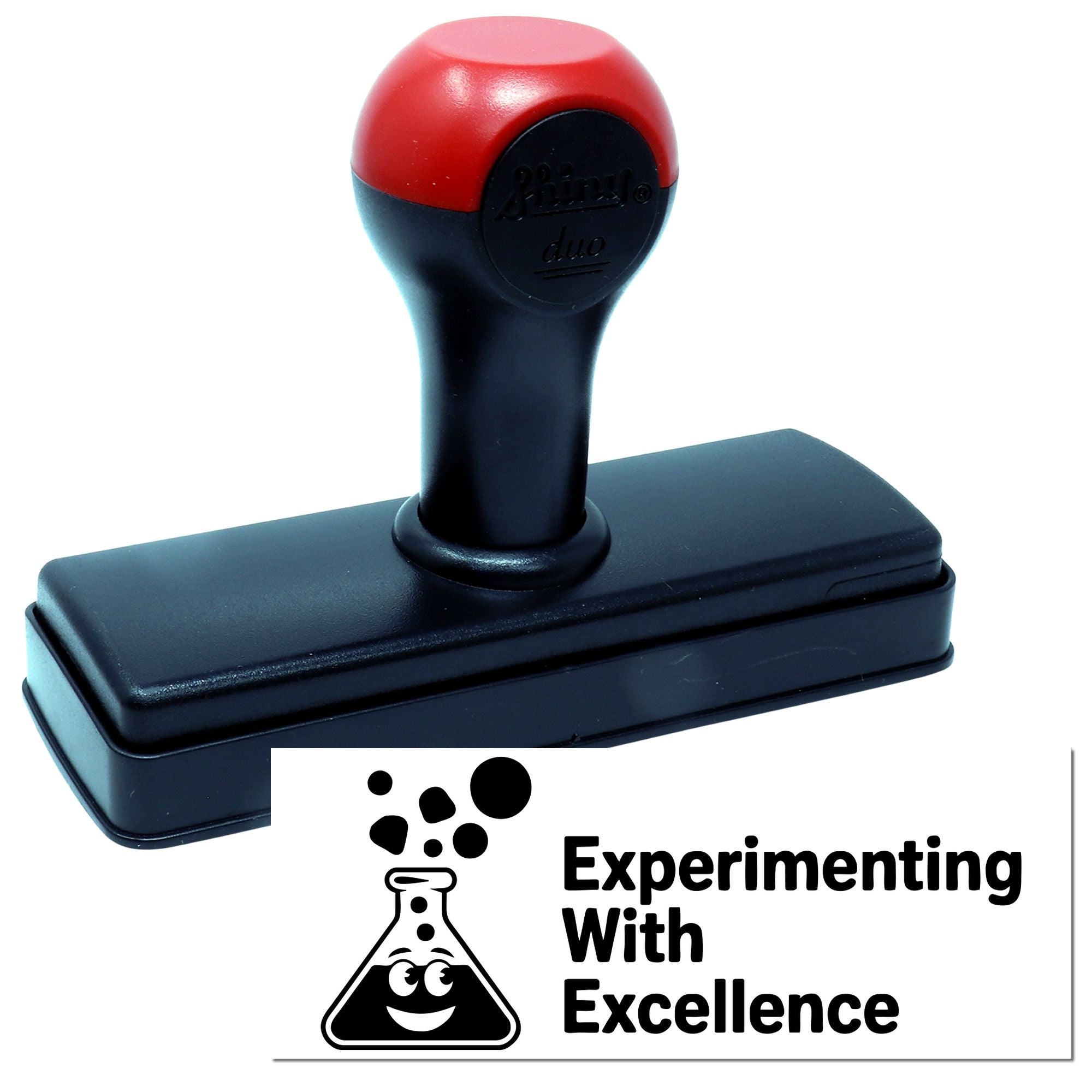 Self-inking rubber stamp for science teachers with Experimenting With Excellence and lab flask logo.
