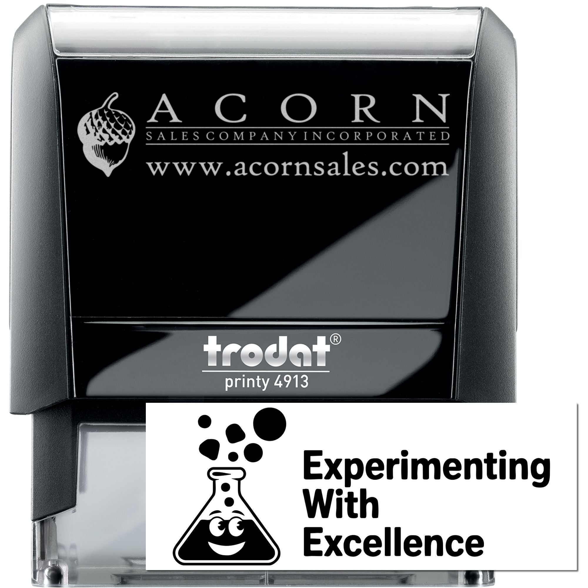 Custom self-inking rubber stamp featuring Acorn Sales Company logo, website, and Experimenting With Excellence imprint.