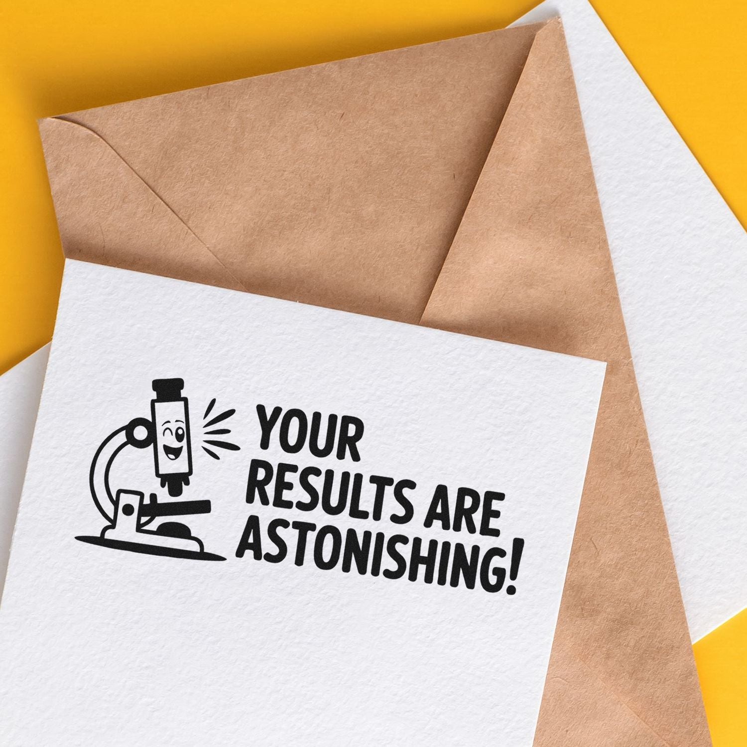 Custom rubber stamp design reading Your results are astonishing on stationery, with microscope icon, ideal for lab or office use.