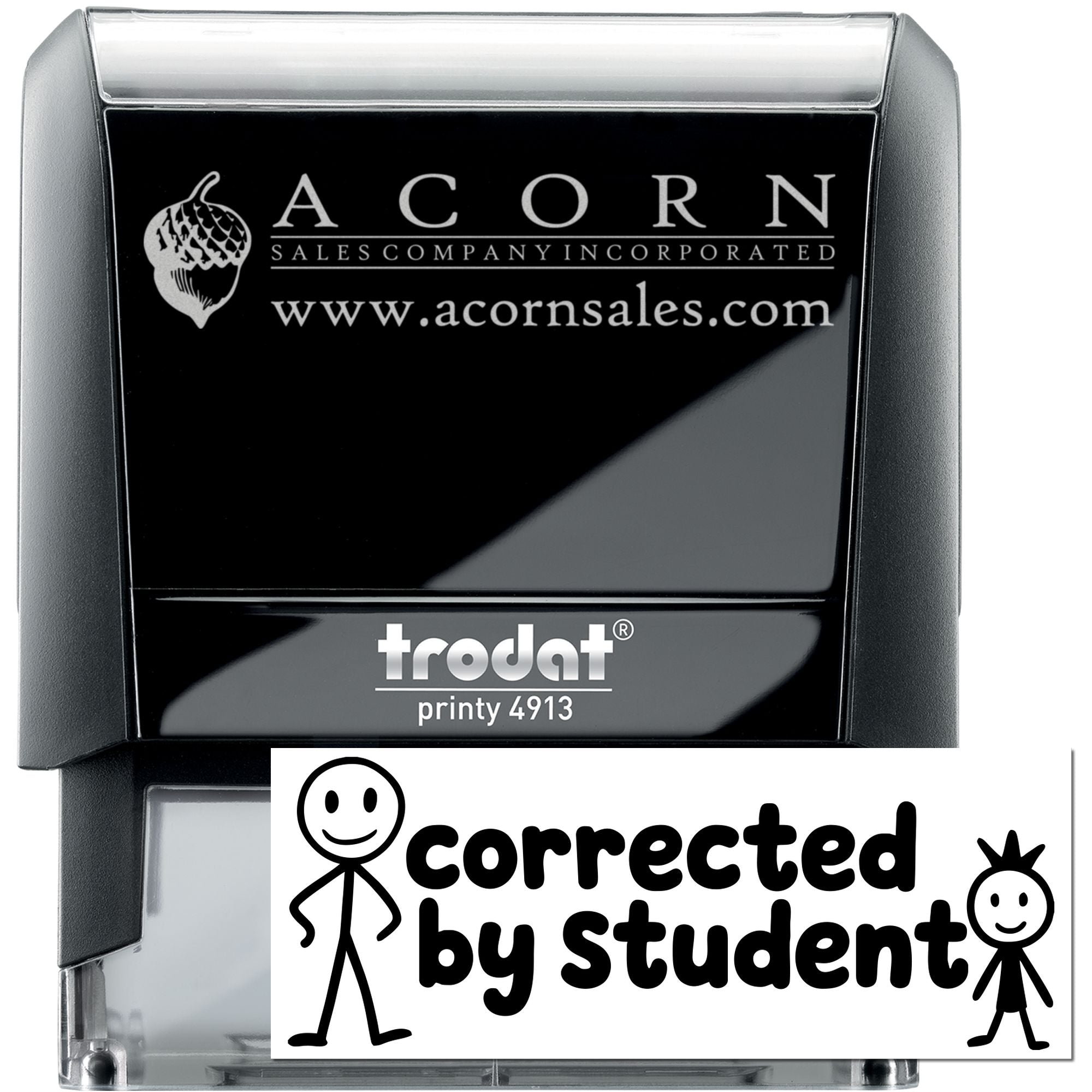 Custom Trodat Printy 4913 self-inking rubber stamp with Acorn Sales Company logo and website imprint.