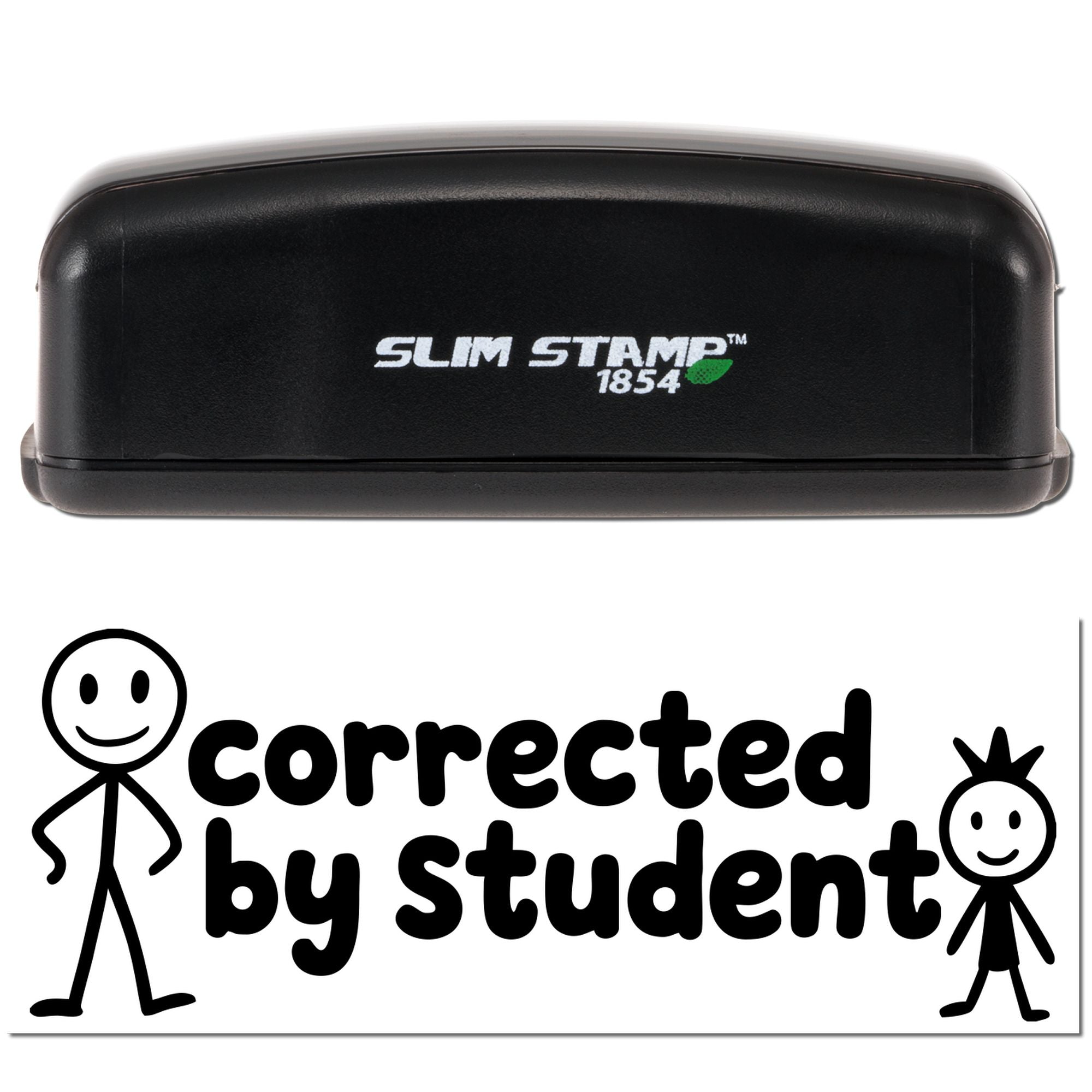 Slim Stamp 1854 rubber stamp with corrected by student imprint for teachers to mark student work.
