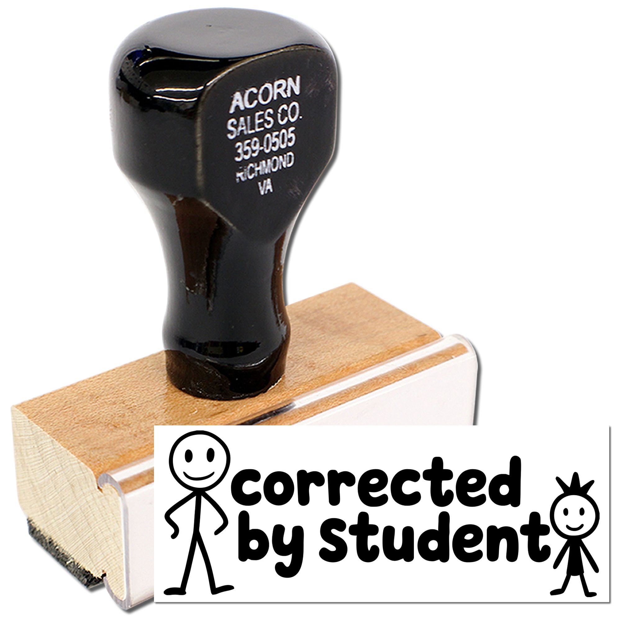 Custom rubber stamp with corrected by student design for grading papers and classroom use.