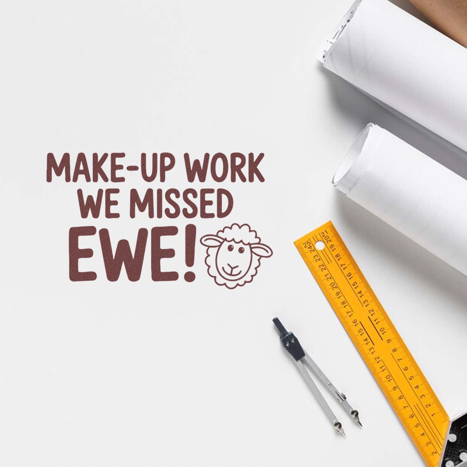 Custom teacher rubber stamp saying Make-up work we missed ewe! with sheep icon for grading missed assignments