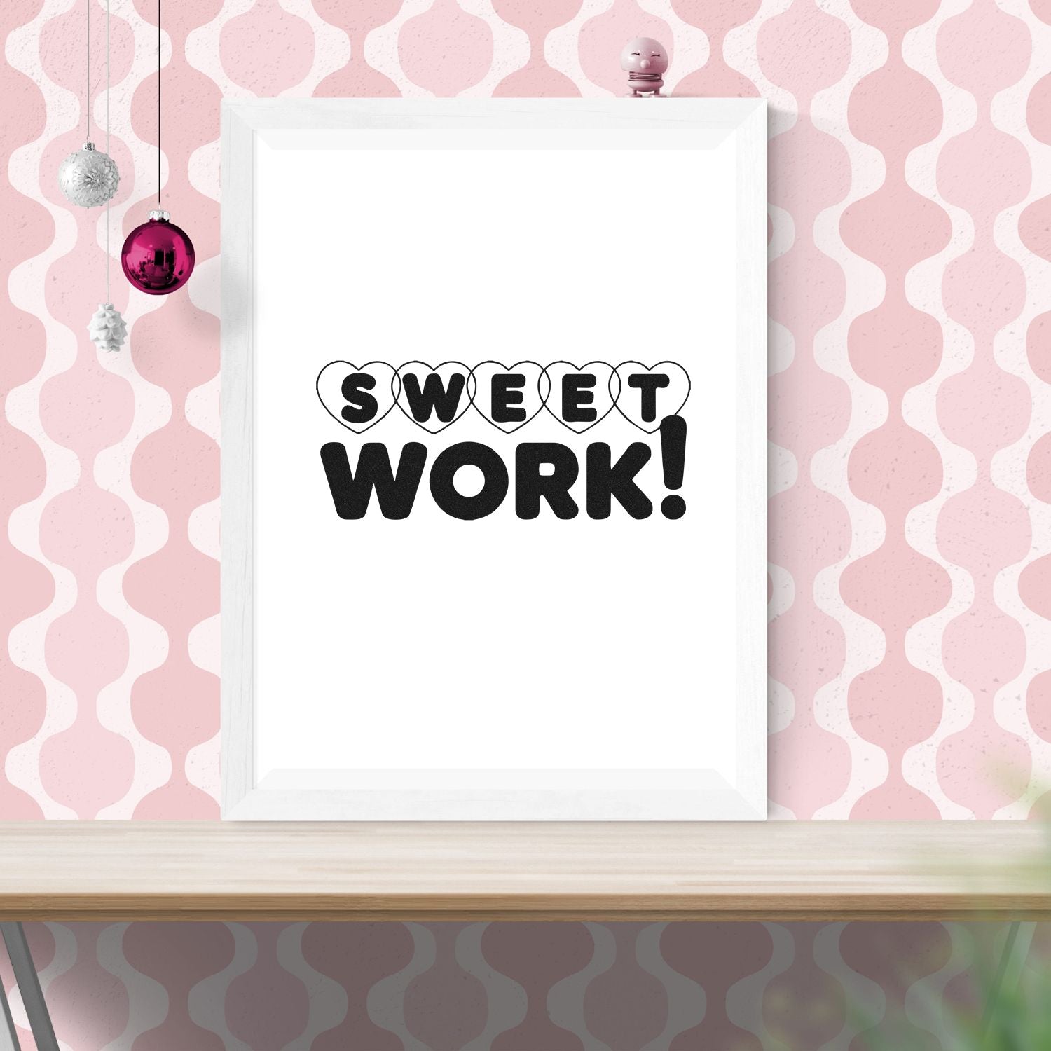 Sweet Work! heart-letter rubber stamp design for teacher crafts, office rewards, or handmade cards on a pink patterned background.