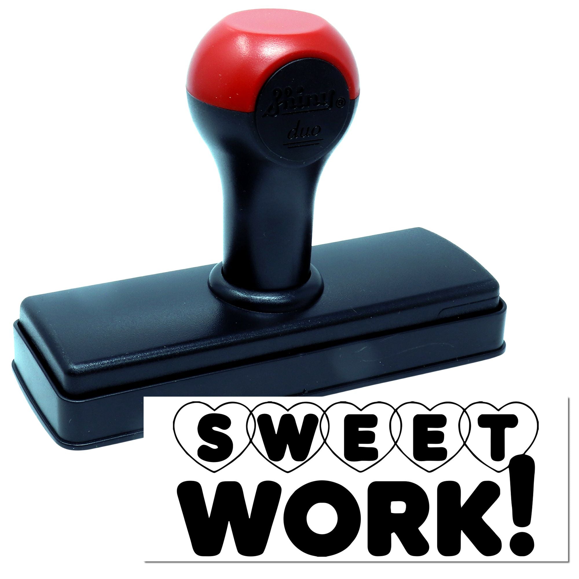 Self-inking rubber stamp with Sweet Work! message for custom praise, teacher rewards, and office use.