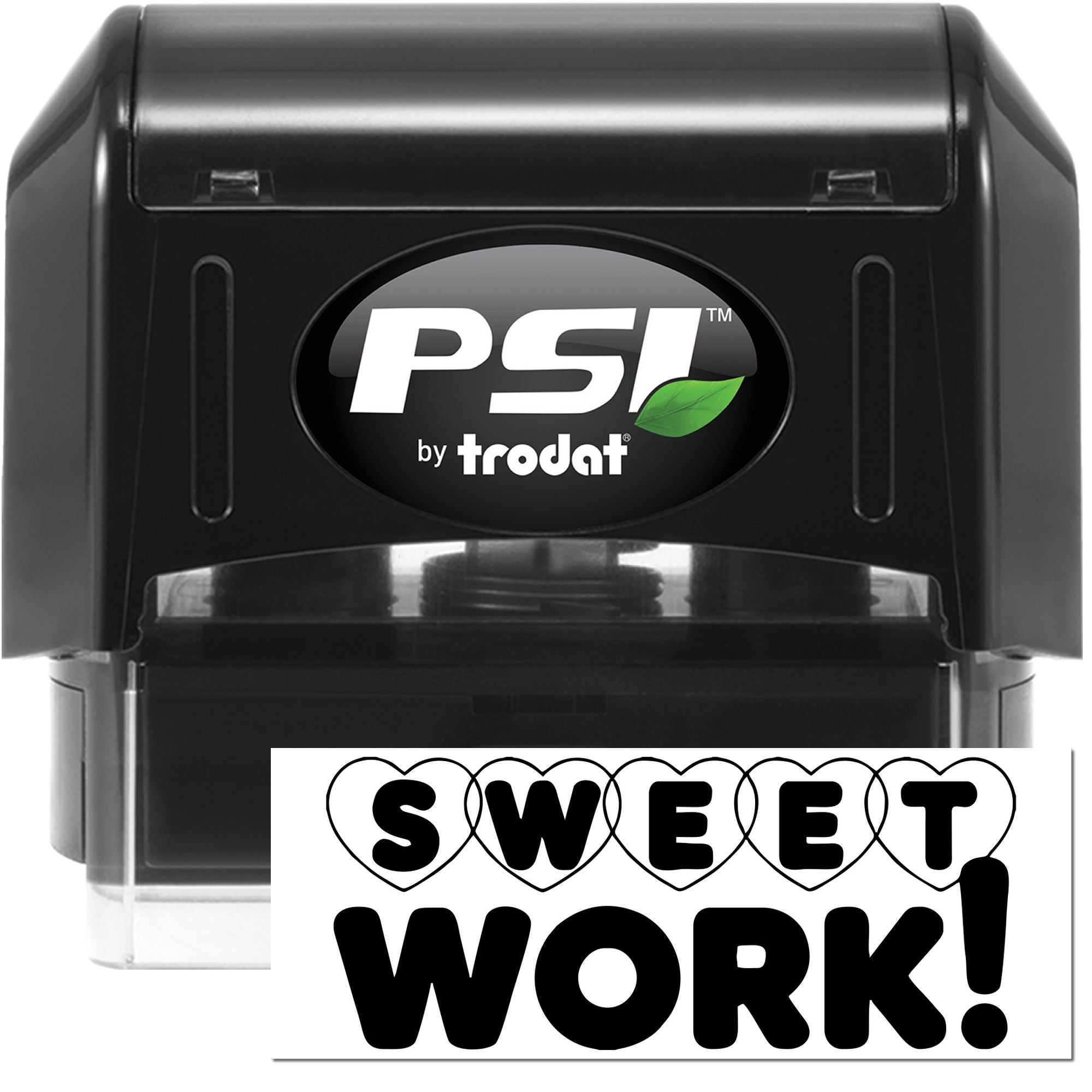 PSI by Trodat self-inking rubber stamp with Sweet Work! heart design imprint for office, school, or reward use.