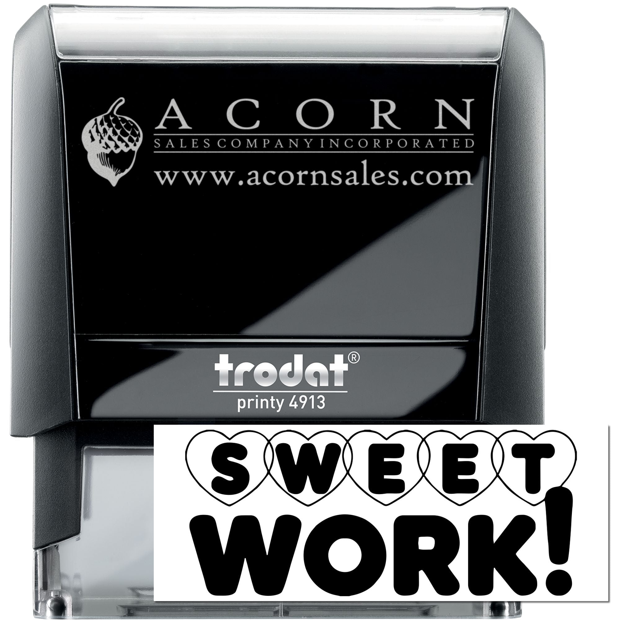 Custom Trodat Printy 4913 self-inking rubber stamp with Acorn Sales Company logo, website, and Sweet Work imprint sample.