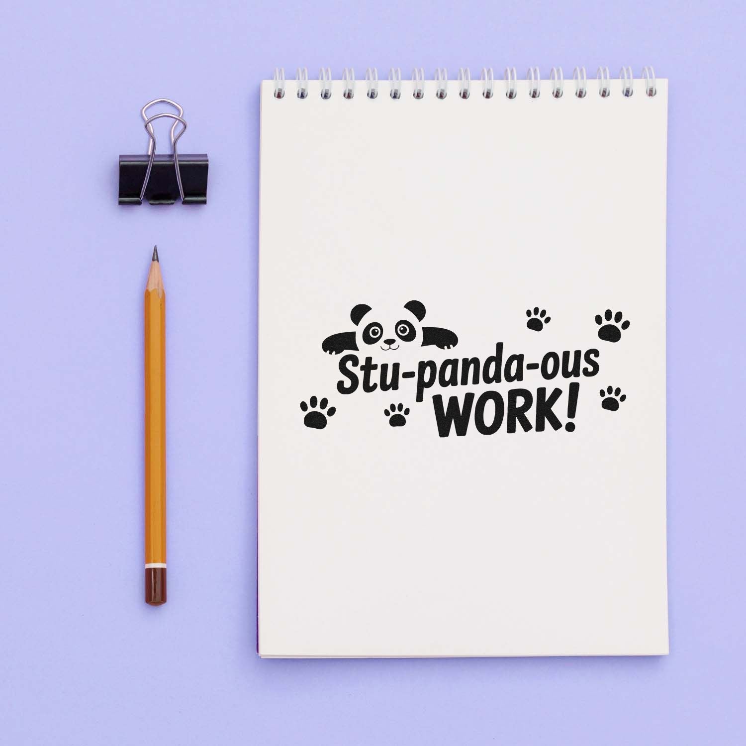 Panda Stu-panda-ous Work! rubber stamp on notebook, ideal for teacher reward and encouragement.