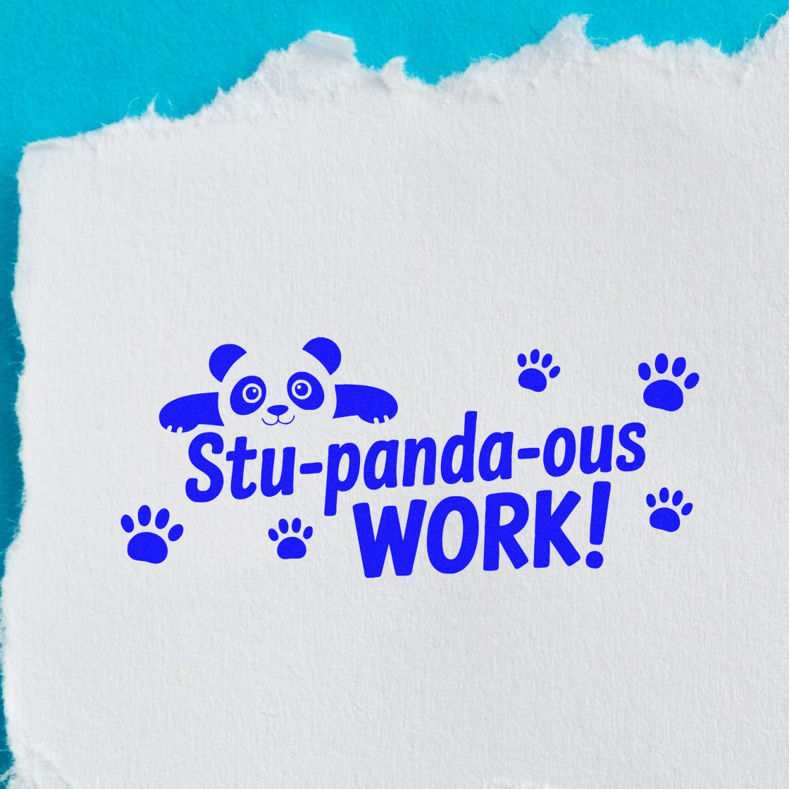 Panda-themed rubber stamp reading Stu-panda-ous WORK! with paw prints, ideal for rewarding student work.