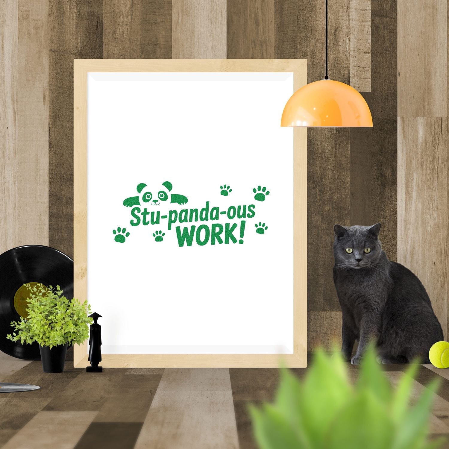Panda paw print rubber stamp mockup with Stu-panda-ous Work! design for teacher rewards and student encouragement.