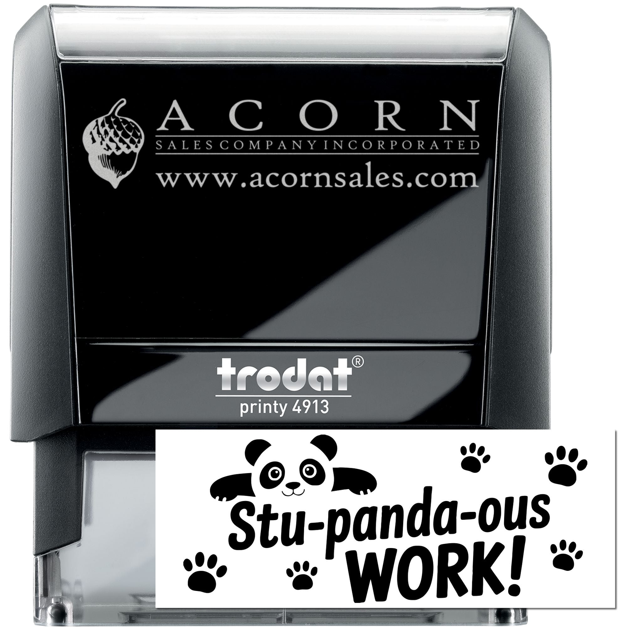 Custom self-inking rubber stamp featuring Acorn Sales logo and Stu-panda-ous Work! panda design, Trodat Printy 4913.