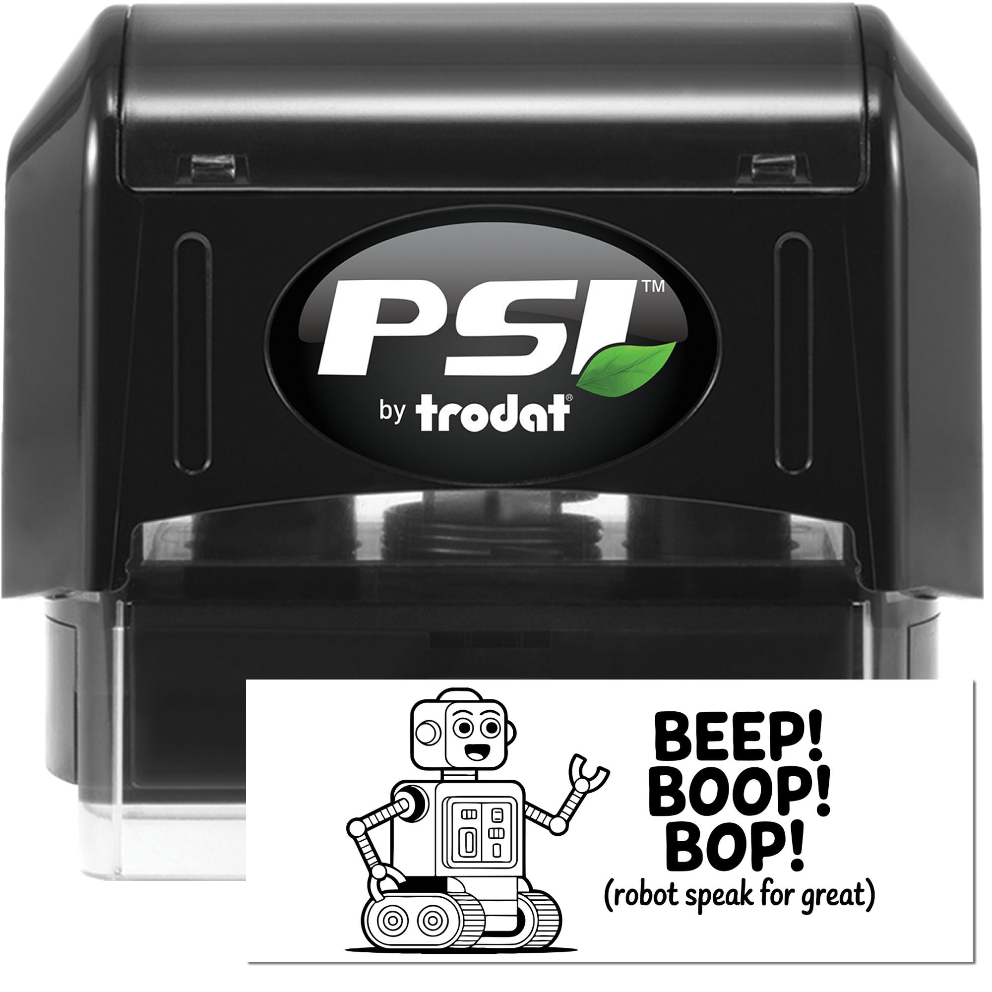 PSI by Trodat self-inking robot rubber stamp with Beep! Boop! Bop! design for fun classroom and craft use.