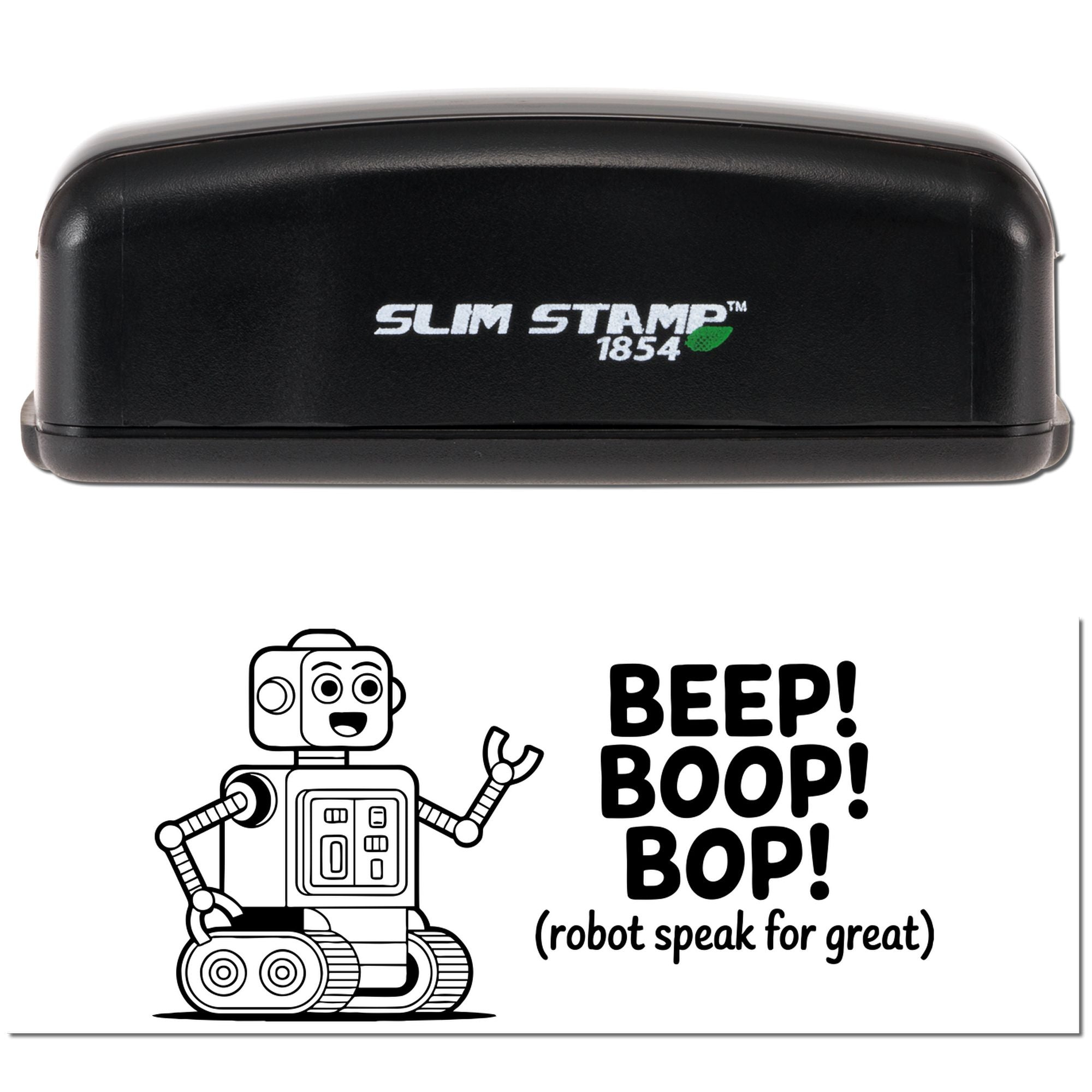 Slim Stamp 1854 rubber stamp with robot illustration and Beep! Boop! Bop! message for fun crafting.