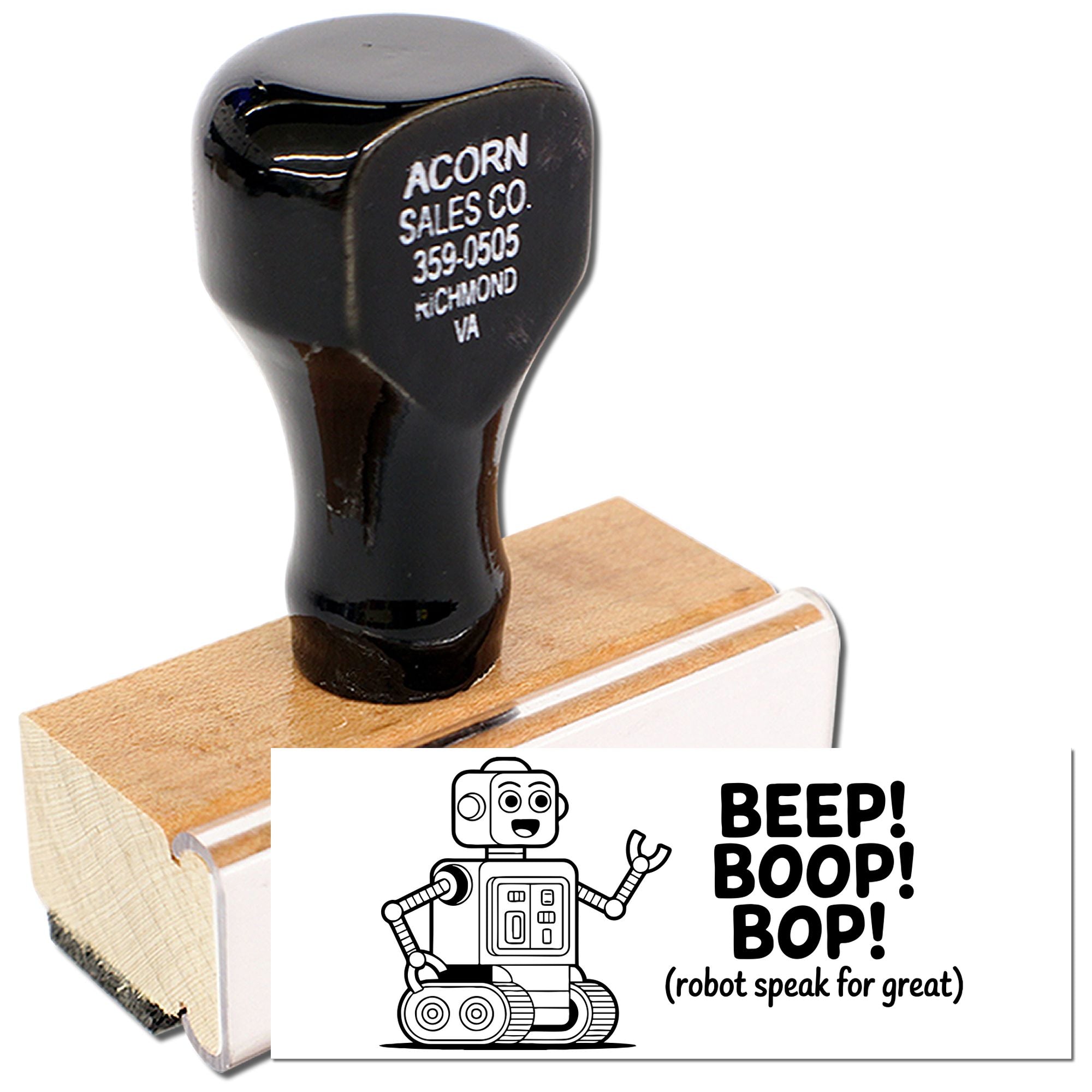 Custom rubber stamp with robot-themed BEEP! BOOP! BOP! design for crafts, cards, and packaging.