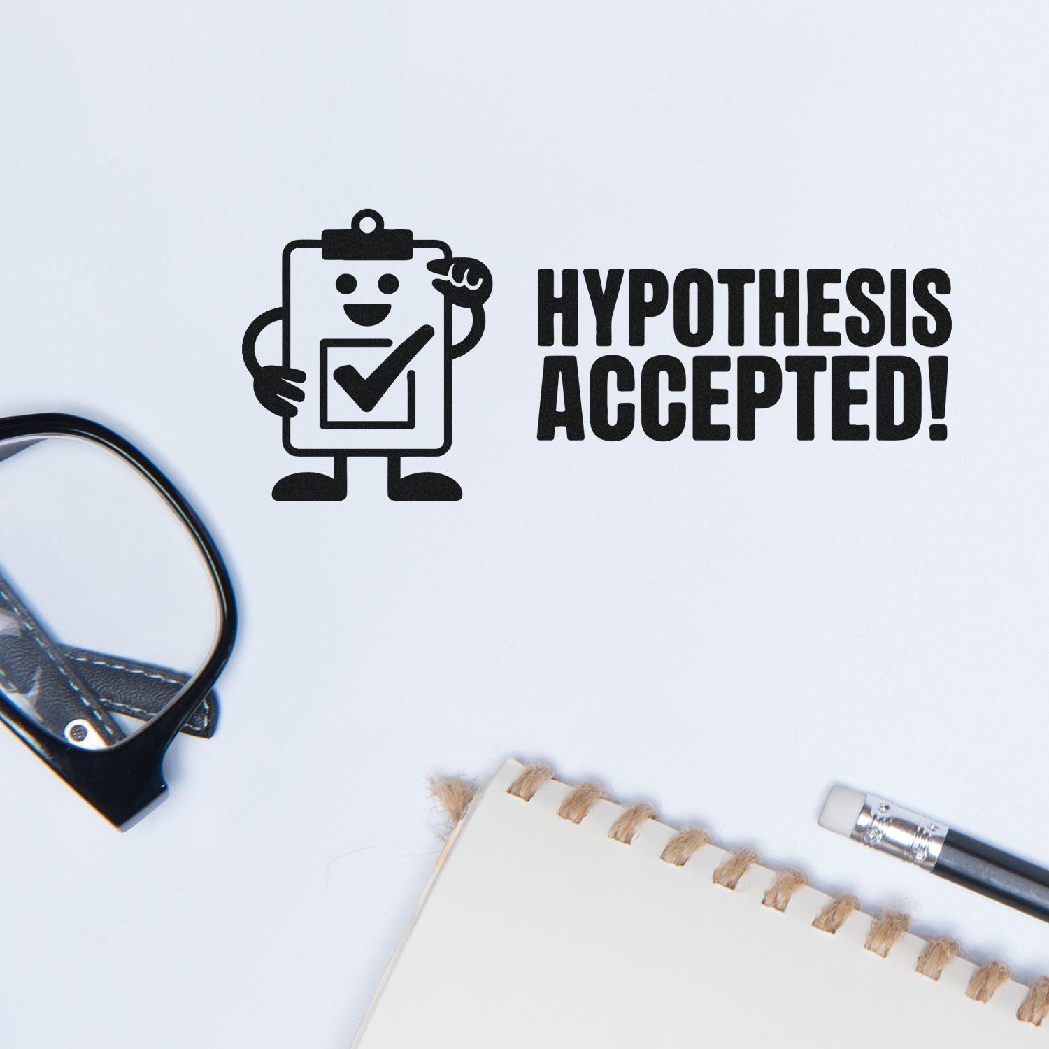 Hypothesis Accepted! rubber stamp impression with clipboard mascot for science teachers, lab grading, and classroom approval.