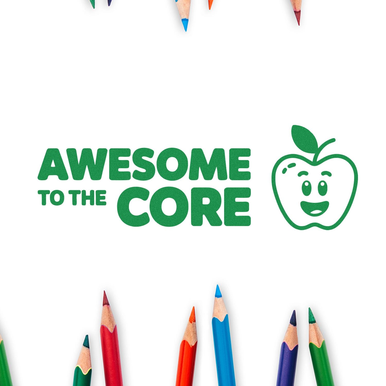 Awesome to the Core teacher rubber stamp with smiling apple icon, perfect for grading, rewards, and classroom use.