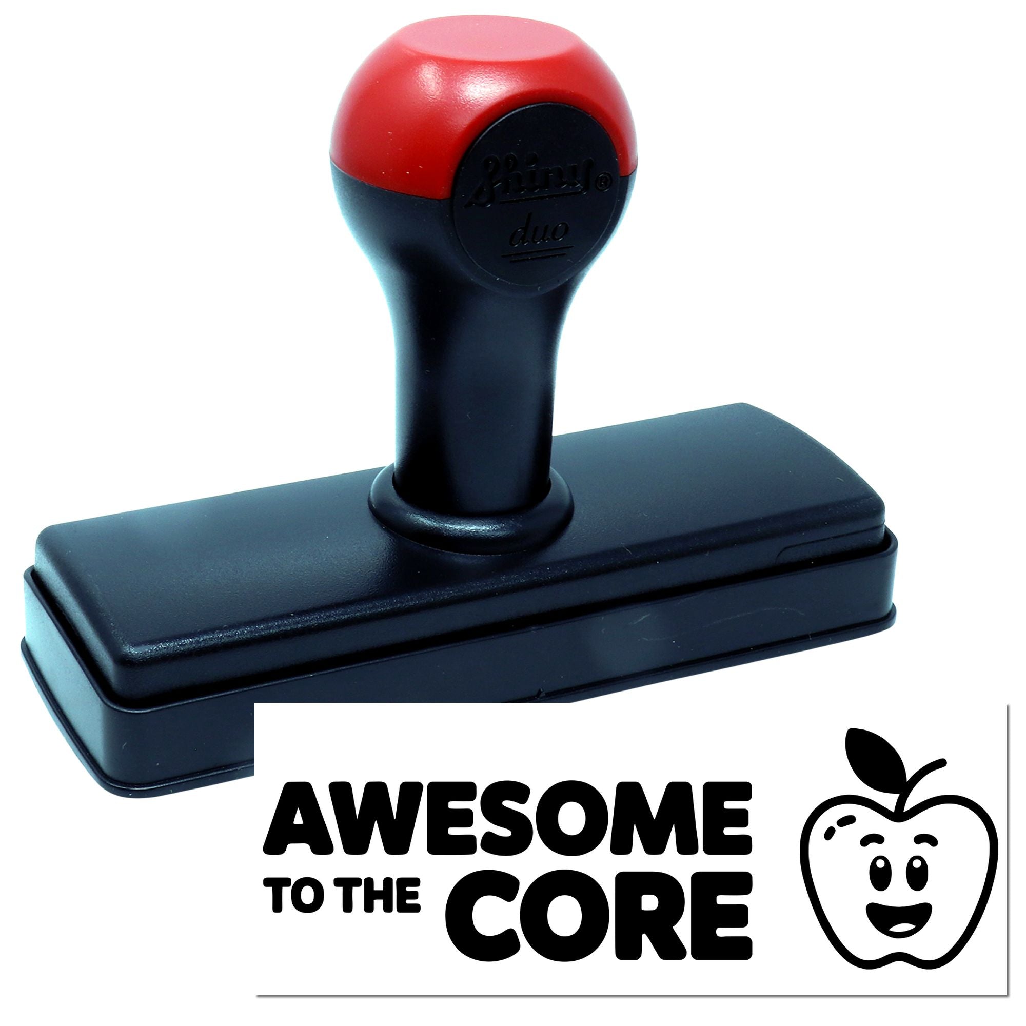 Self-inking rubber stamp with Awesome to the Core apple design for school, teacher, and reward stamping.