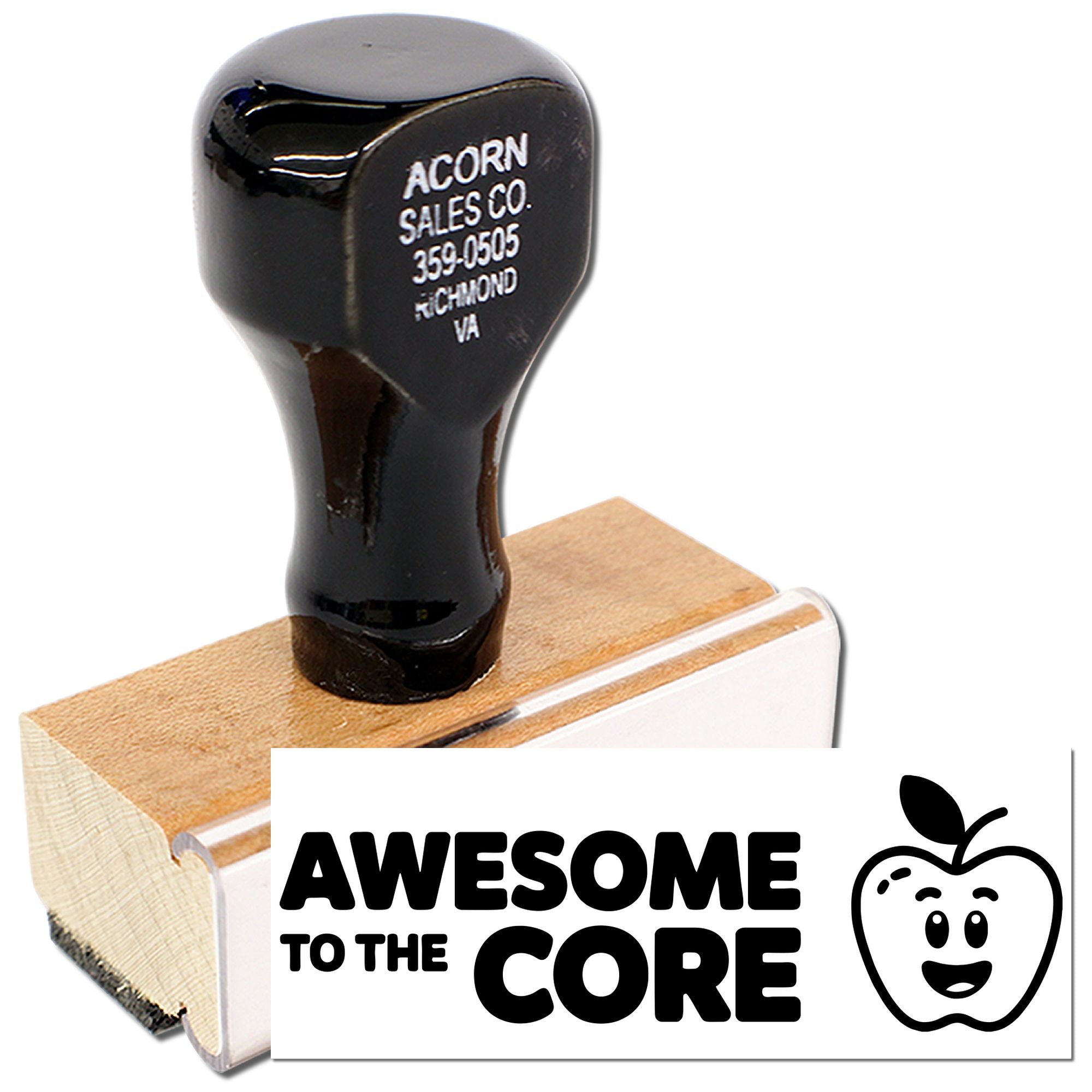 Custom rubber stamp with "Awesome to the Core" apple design for teacher rewards, classroom crafts, and school projects.