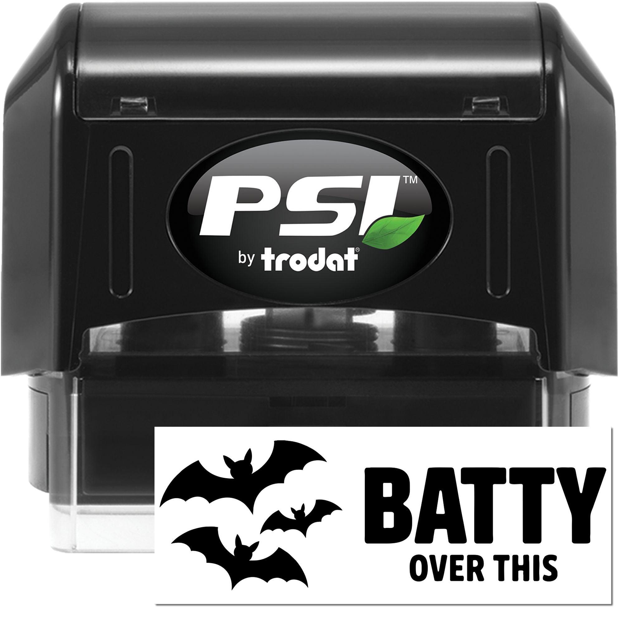 PSI by Trodat rubber stamp with Batty Over This bat design for Halloween crafts and custom stamping.