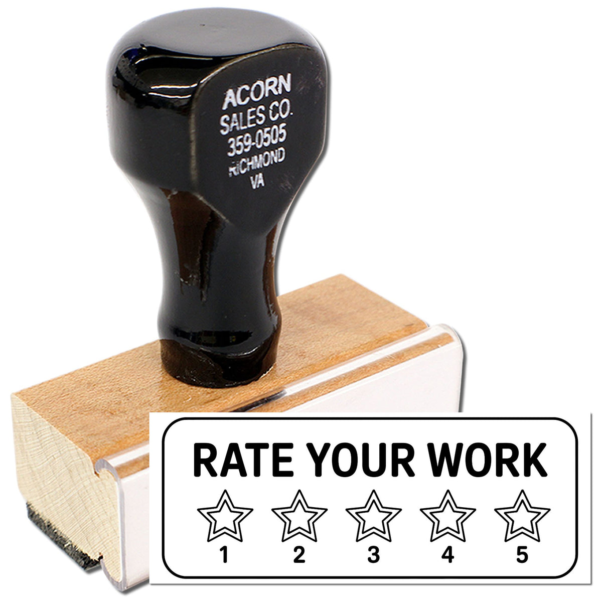 Custom rubber stamp for rating work 1-5 stars, with Acorn Sales Co. address imprint for office or business use.