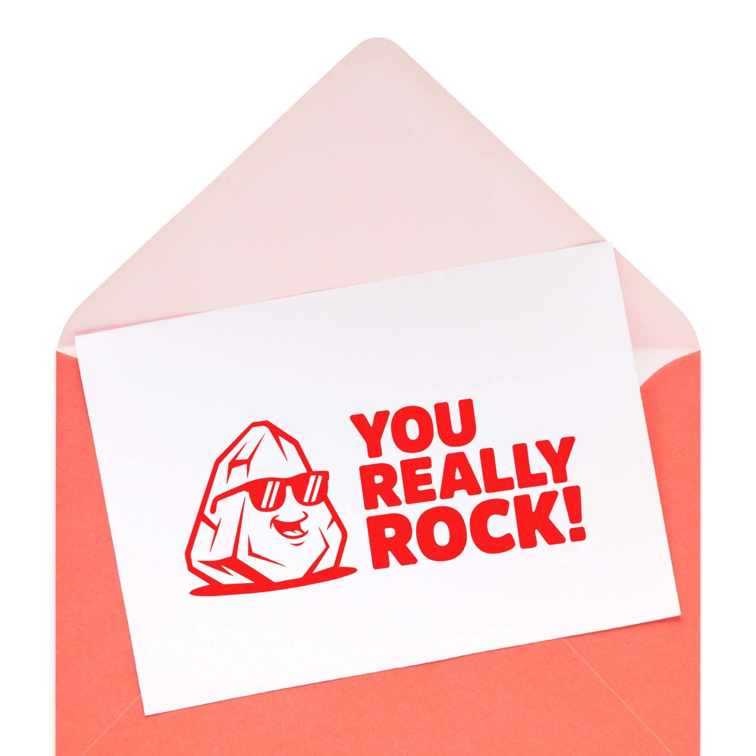 Rock-themed rubber stamp design with You Really Rock! message and cool sunglasses rock character on a greeting card.