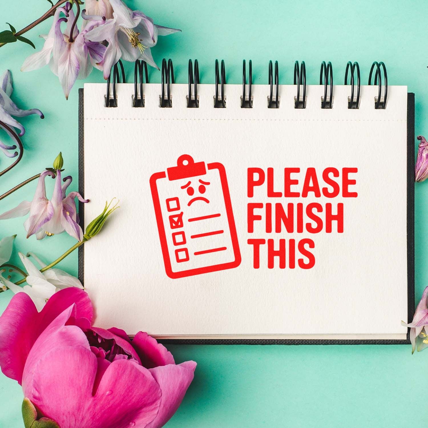 Please Finish This rubber stamp design with checklist icon, ideal for office, planner, and task reminder branding.