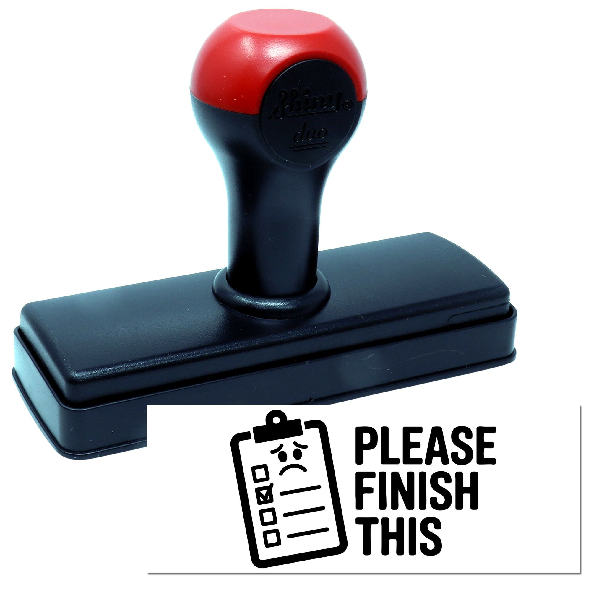 Self-inking rubber stamp with Please Finish This checklist icon for office task reminders and workflow management.