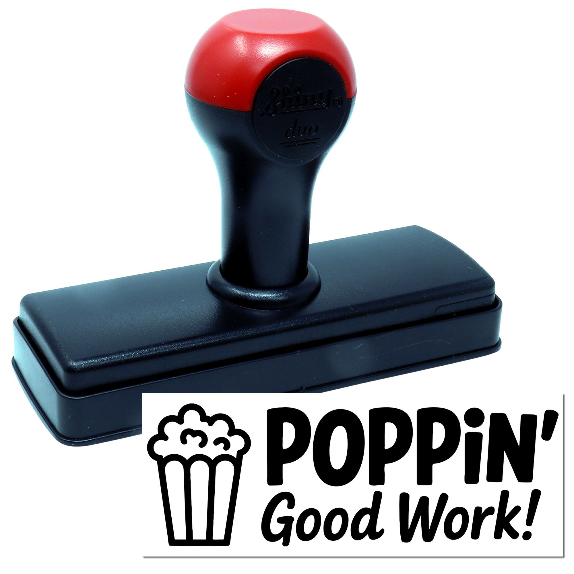 Self-inking rubber stamp with Poppin Good Work! popcorn design for teacher rewards, office recognition, and crafts.