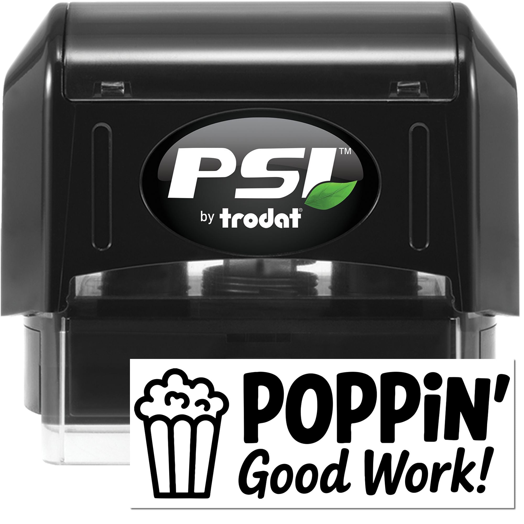 PSI by Trodat self-inking rubber stamp with POPPin Good Work! popcorn reward for teachers and classrooms.