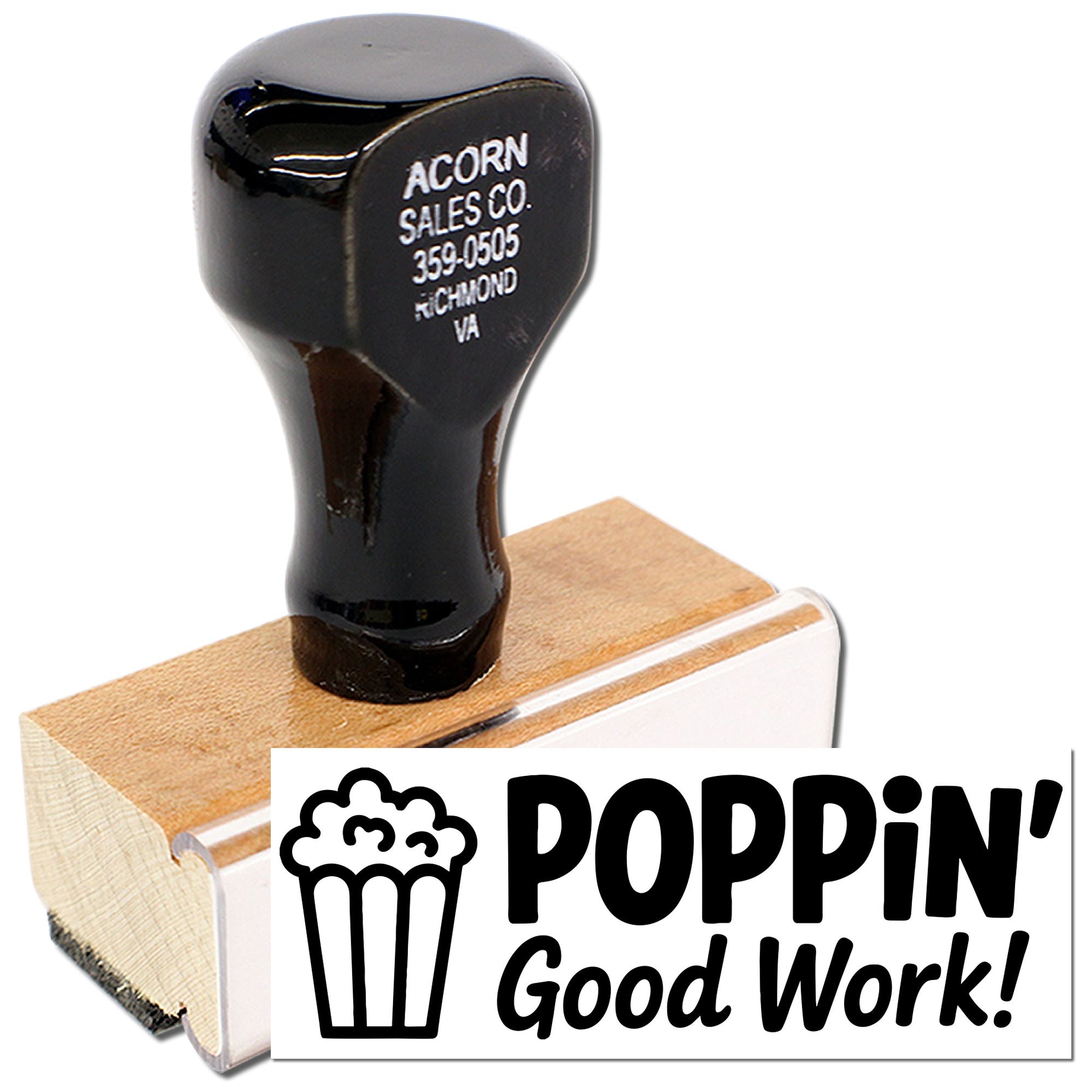 Custom wooden handle rubber stamp with Poppin Good Work! popcorn design for business branding and reward stamping.