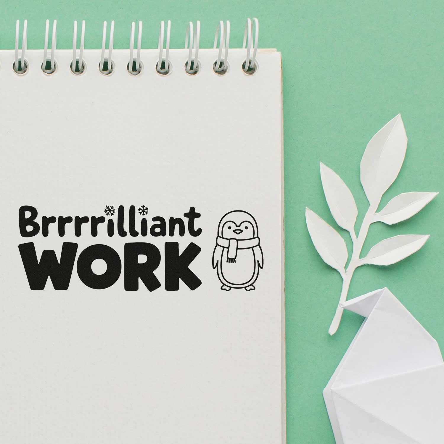 Penguin rubber stamp reading Brrrilliant Work for planners, teacher rewards, and crafty office notes.