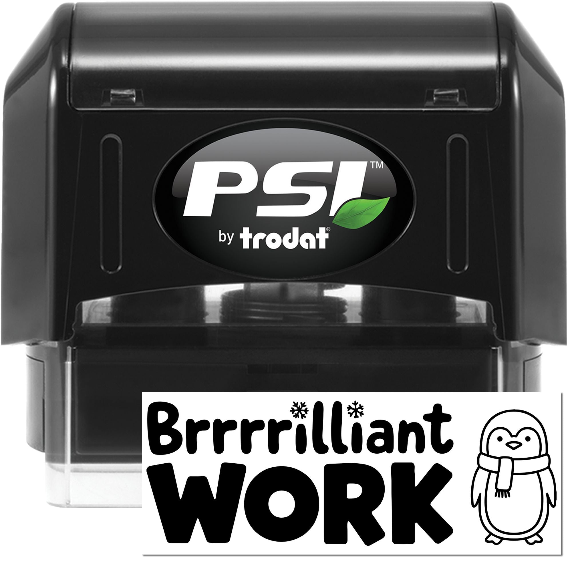 PSI by Trodat self-inking rubber stamp with Brrrilliant Work penguin design for rewarding schoolwork.
