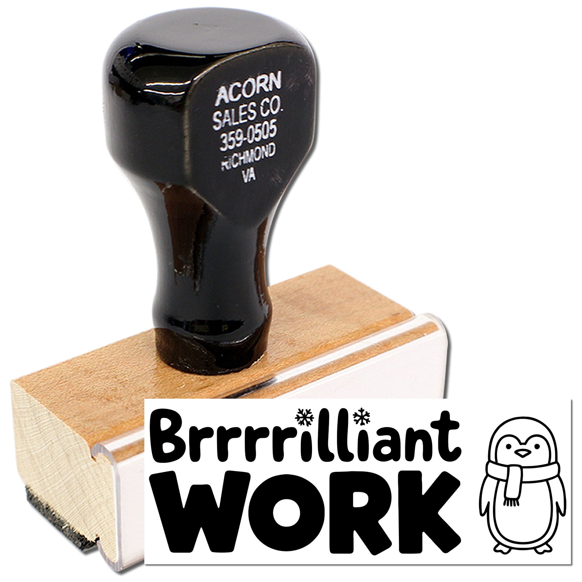 Custom rubber stamp with penguin design and "Brrrrilliant Work" text for fun office or classroom recognition.