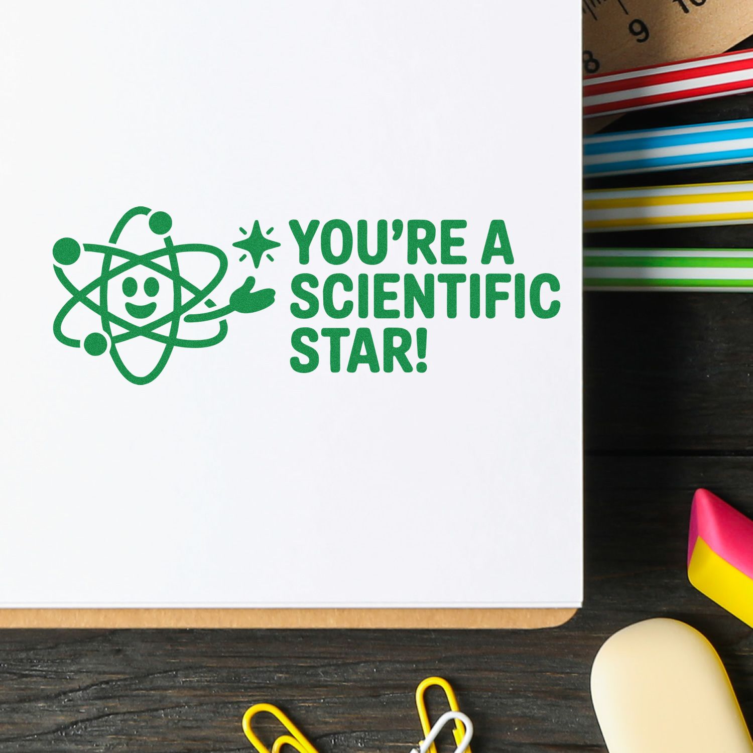 Science teacher rubber stamp with atom icon and Youre a Scientific Star! message for classroom reward cards.
