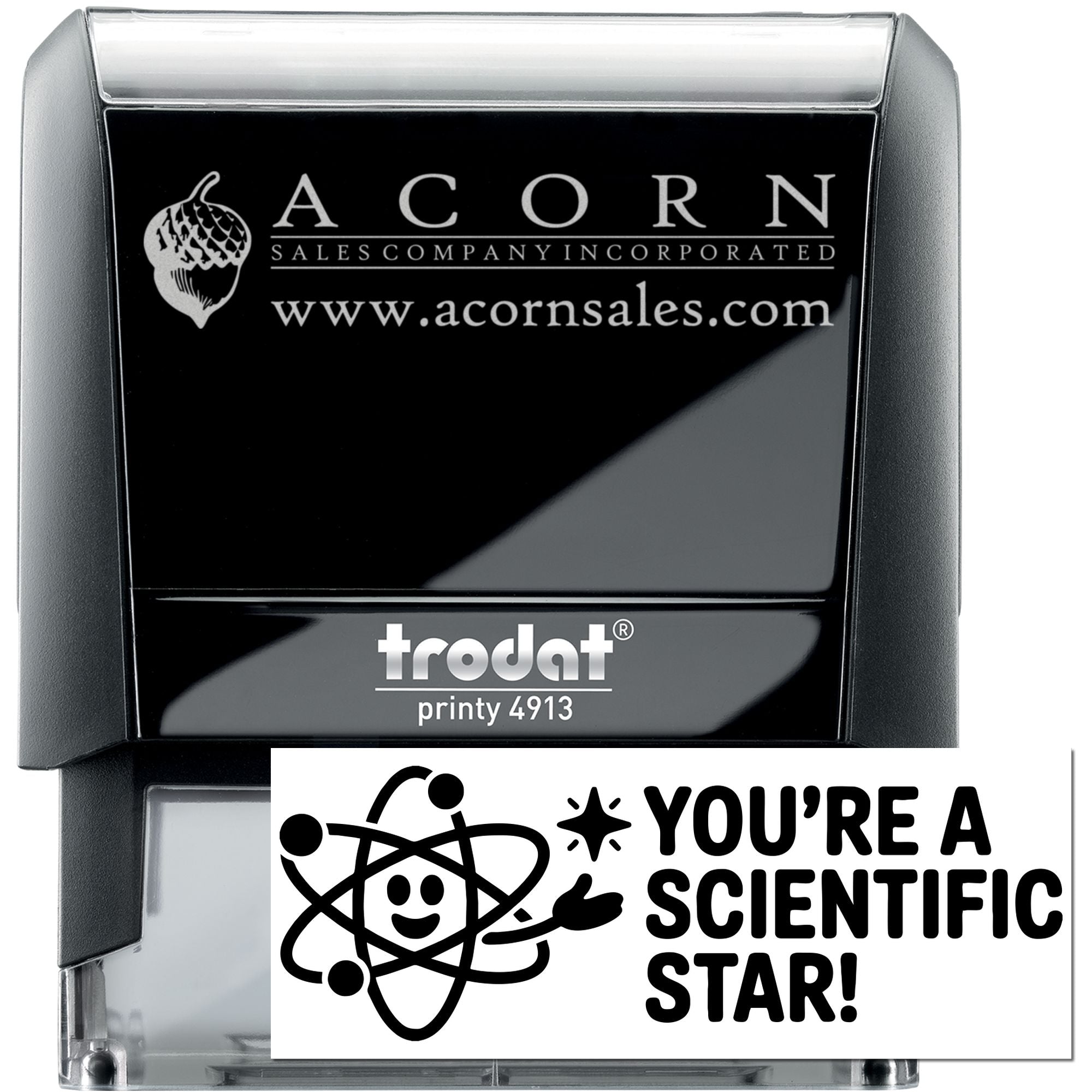 Custom self-inking rubber stamp, Trodat Printy 4913, with Acorn Sales logo and science-themed imprint for business branding.