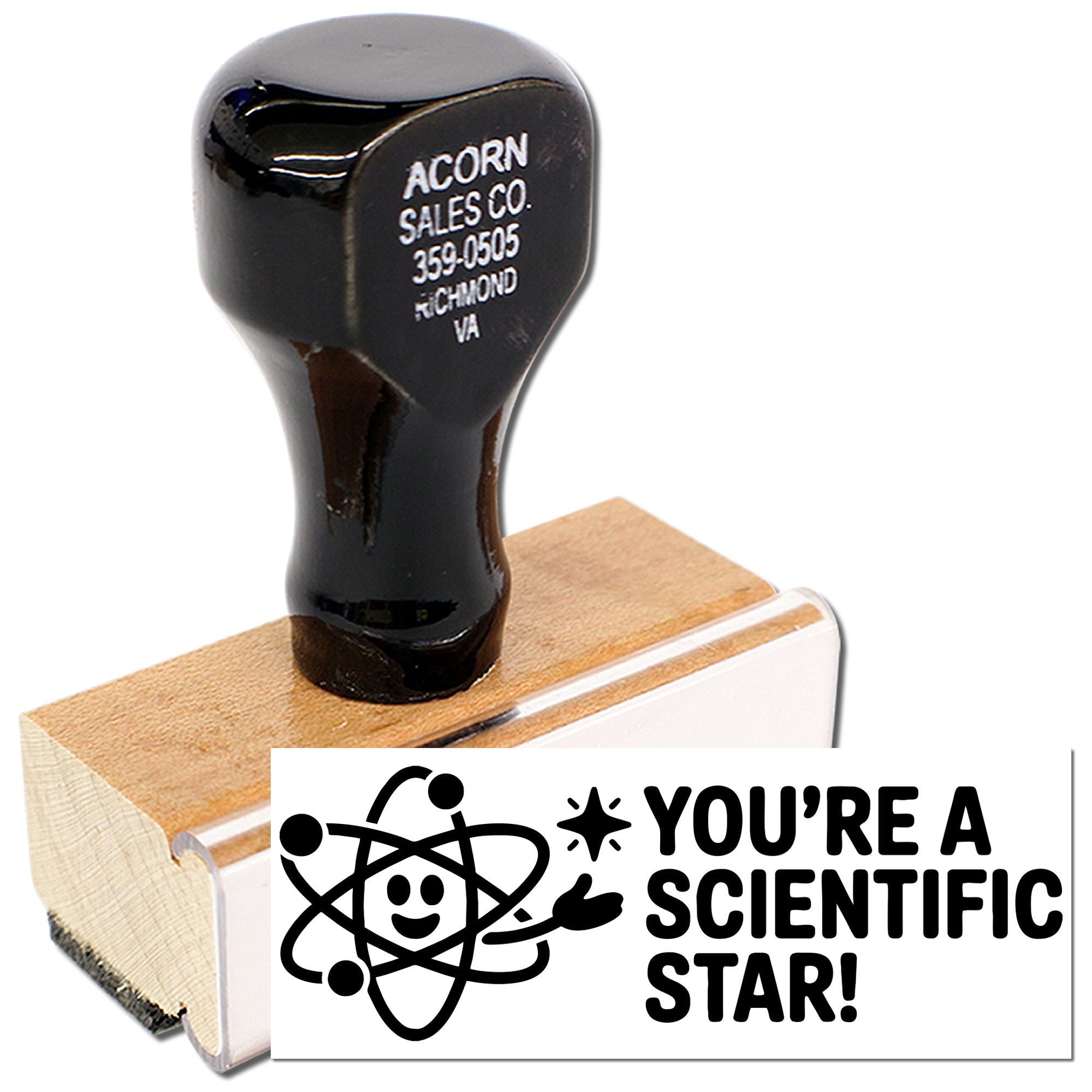 Wooden custom rubber stamp with Youre a Scientific Star! atom design for science teacher rewards.