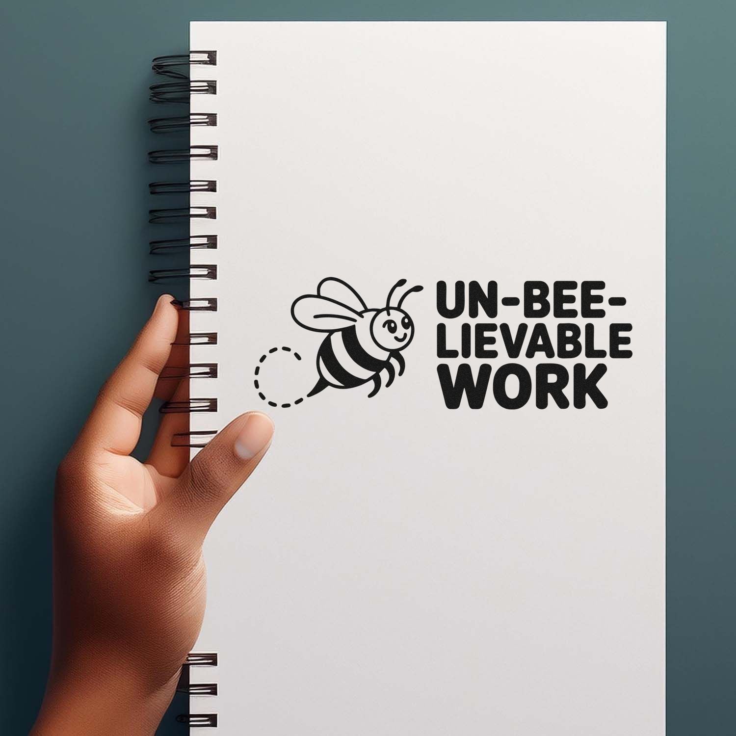 Bee-themed rubber stamp design with Un-Bee-Lievable Work message for teacher rewards, office praise, and custom stationery.